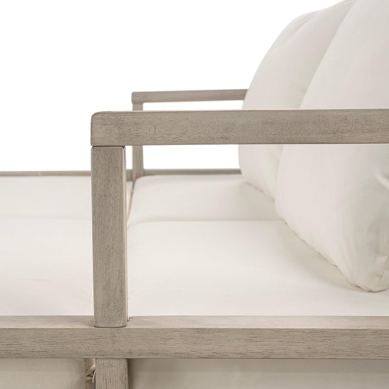 Parrot Uncle Outdoor Patio Daybed with Four Pillows, Wooden Outdoor Bed with Curved Armrests for Poolside, Backyard, Garden