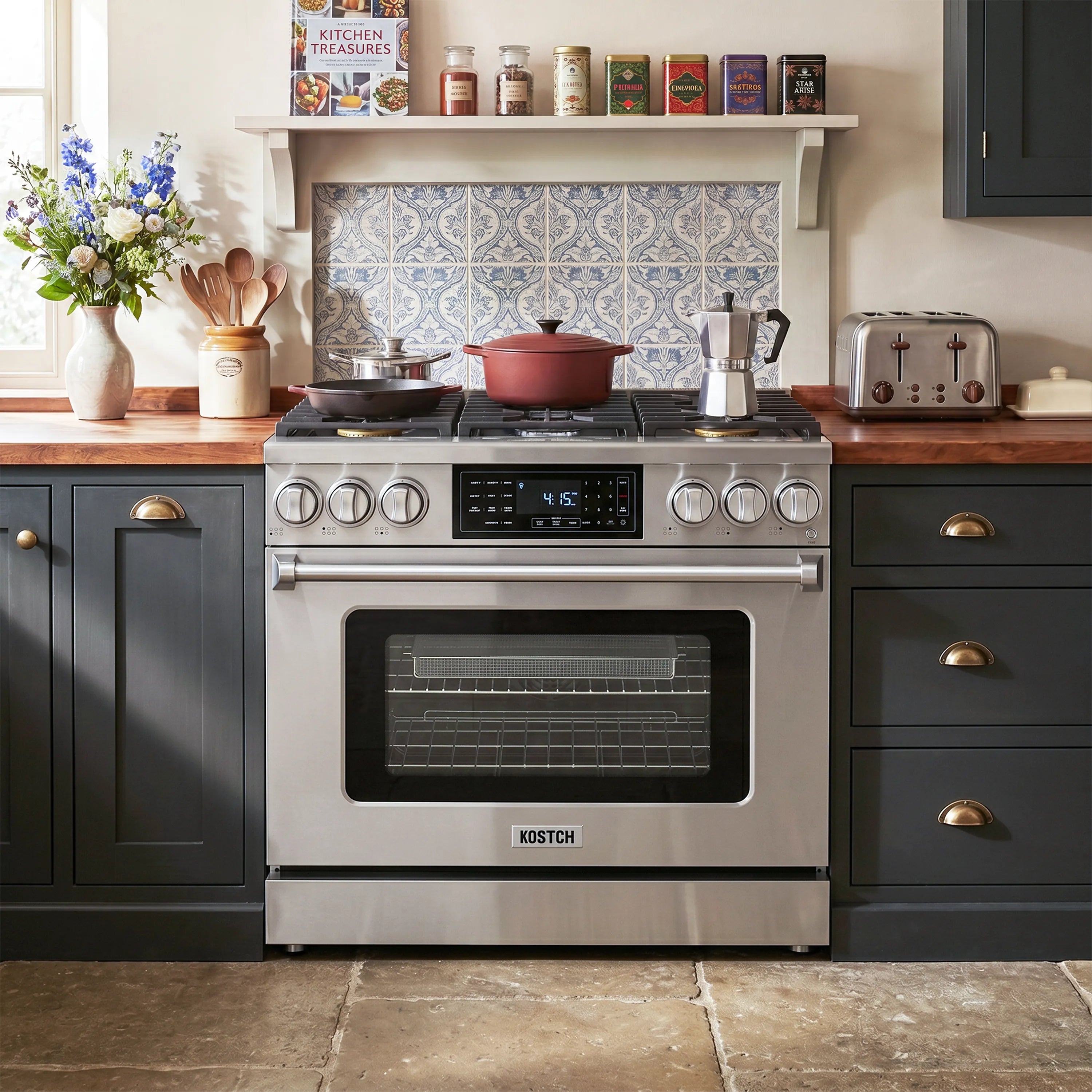 Stainless steel gas range in kitchen with six burners and convection oven