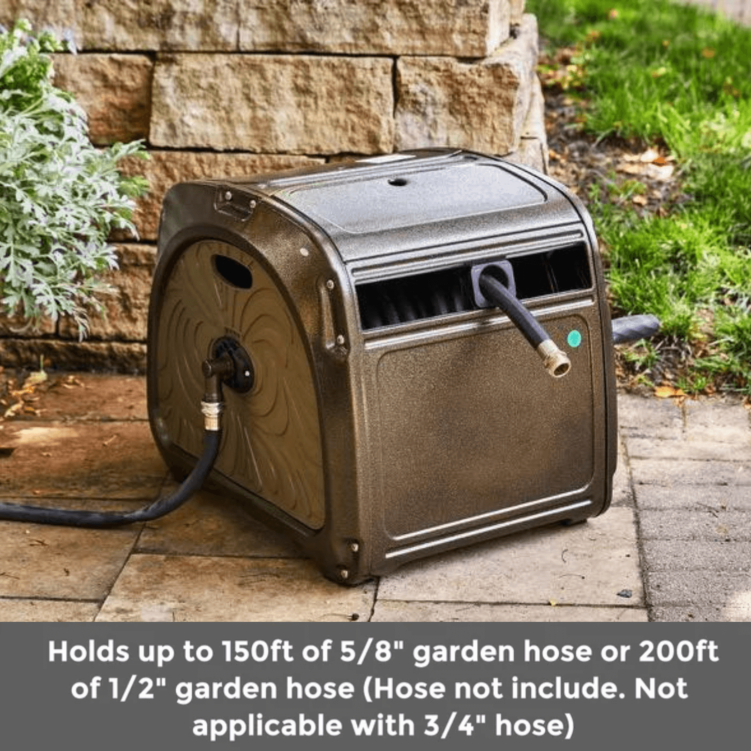 Garden hose reel box on patio with hose connected to the front spigot