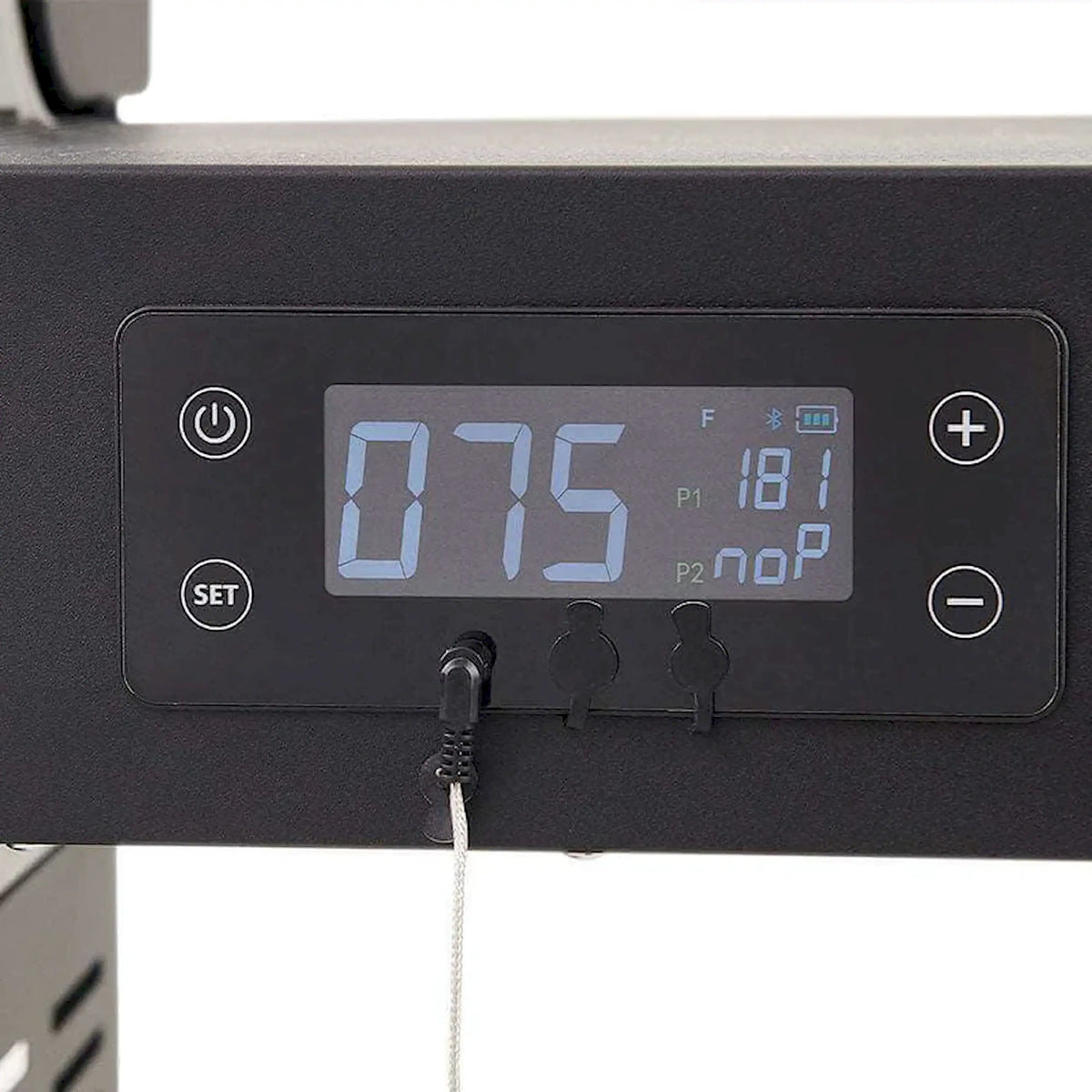 Black smart grill control panel with digital temperature display and buttons