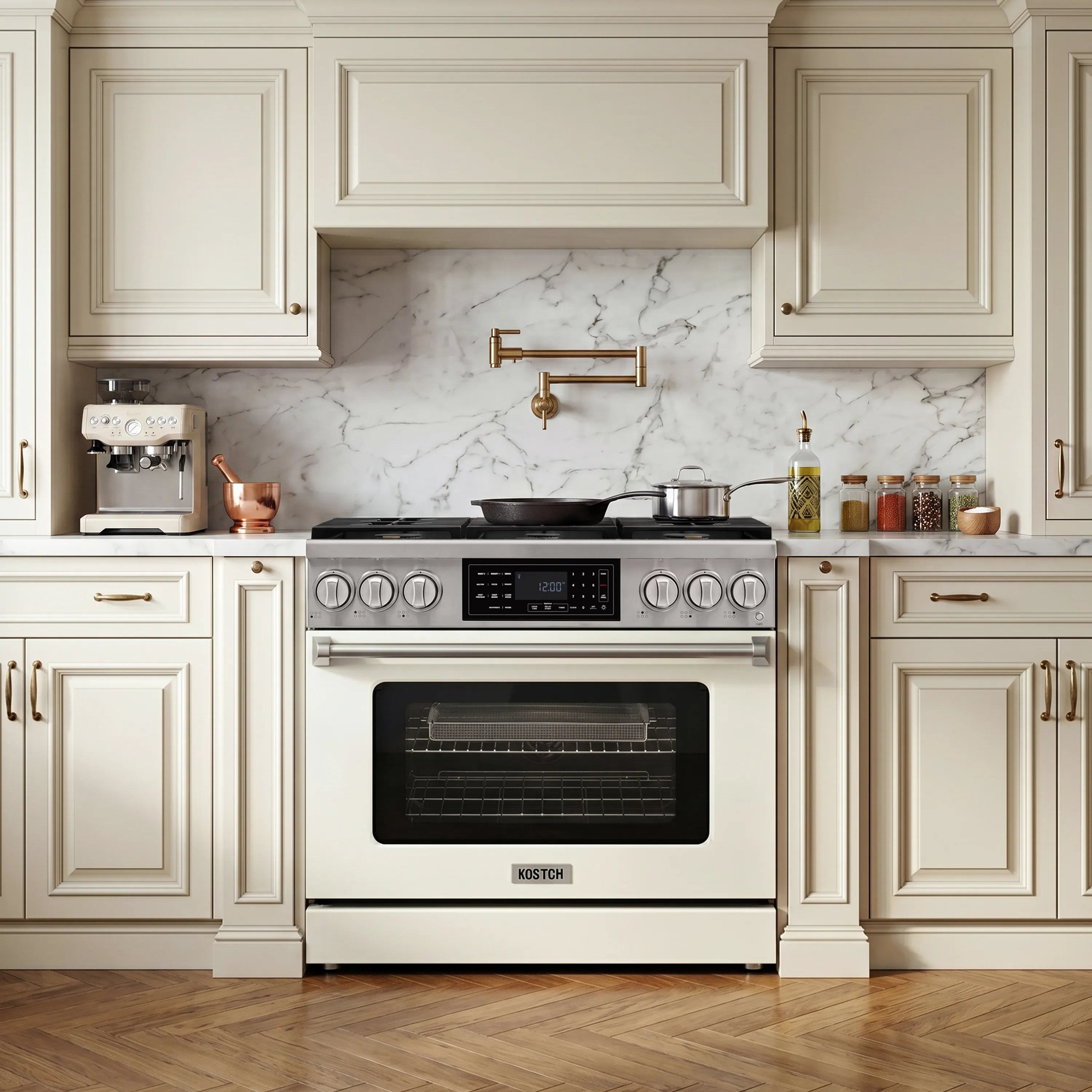 Built-in style white gas range centered in a kitchen with matching cabinetry