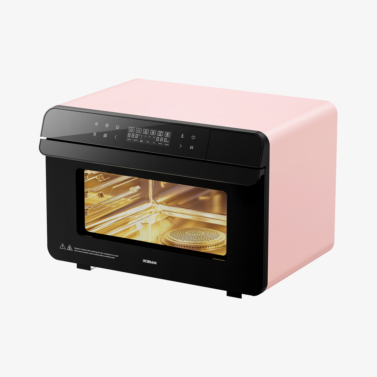 ROBAM combi steam oven with pink exterior, black front and illuminated cooking chamber