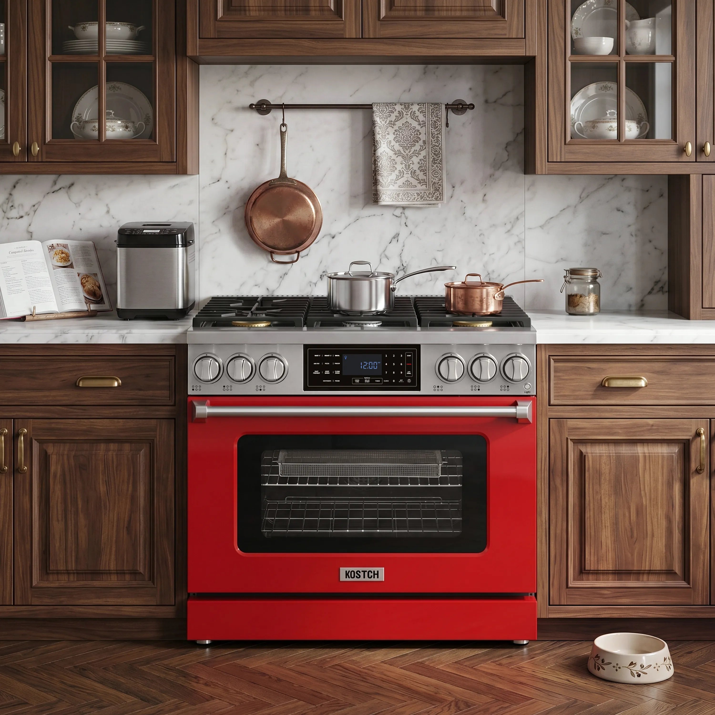 Red gas range with stainless front, oven window, and multiple control knobs