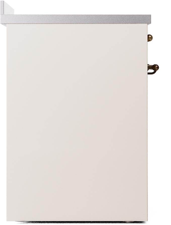 Antique white side panel of freestanding induction electric range with bronze trim detail