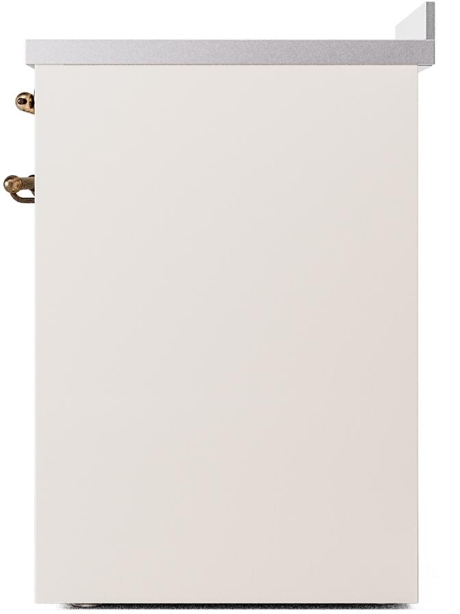 Antique white back side of freestanding induction electric range with bronze edge hardware