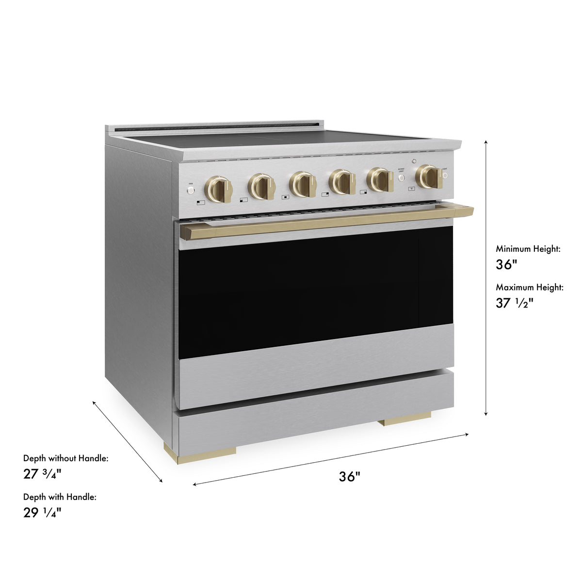 ZLINE Autograph 36-Inch Marino Induction Range in Satin Stainless Steel with Champagne Bronze (MINRSZ-36-CB) - product dimensions