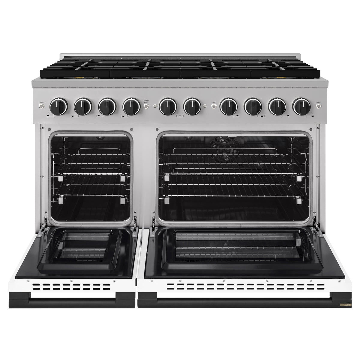 ZLINE Autograph 48-Inch Marino Dual Fuel Range with DuoPro Cooktop in Stainless Steel with White Matte and Matte Black (PMDRZ-WM-48-MB) - oven doors open