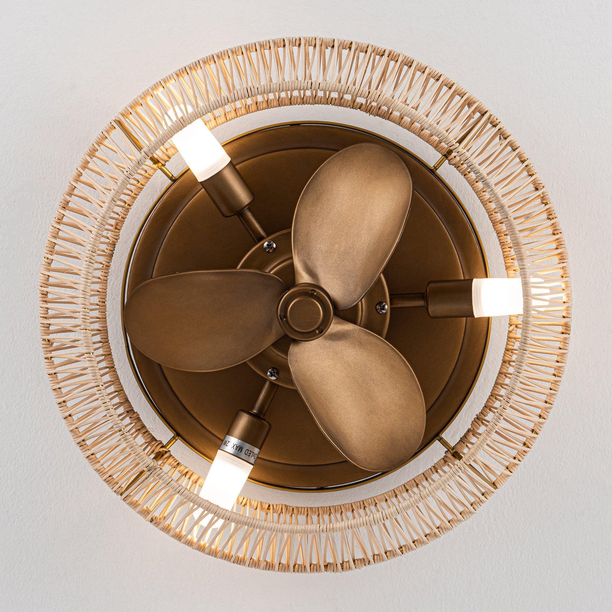 Golden reversible cage ceiling fan viewed from below with three blades and LED lights