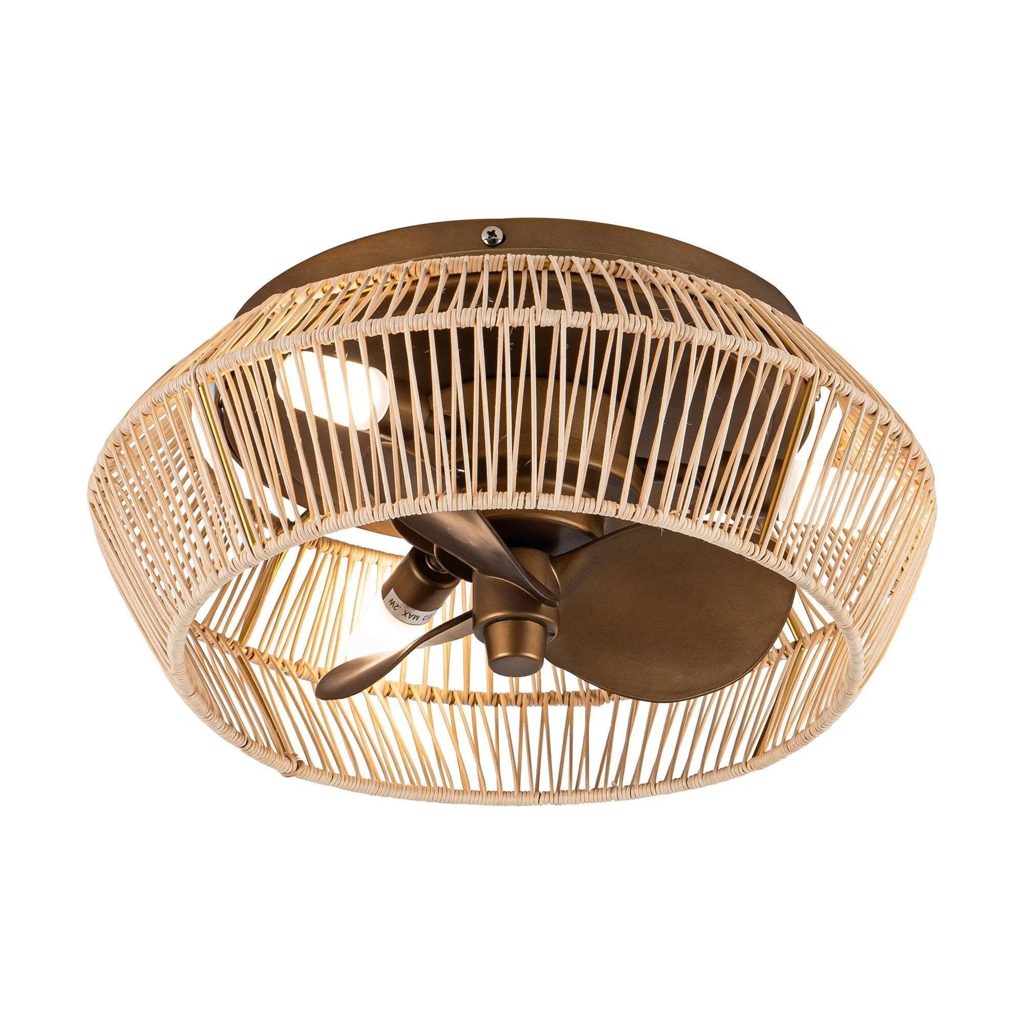 Golden flush-mount ceiling fan with rattan-style cage and three dark blades