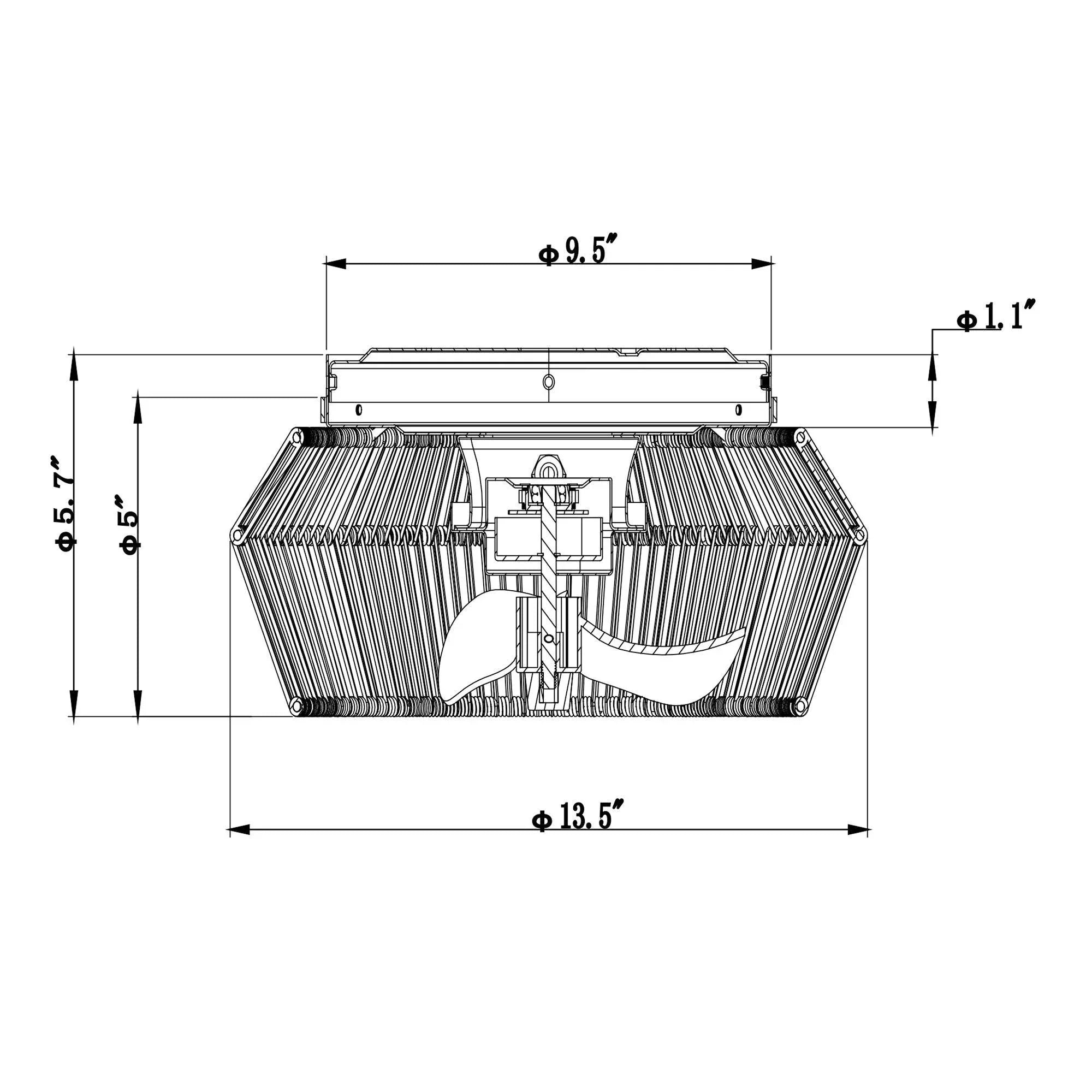 Ceiling fan mounting size diagram with dimensions and LED housing outline