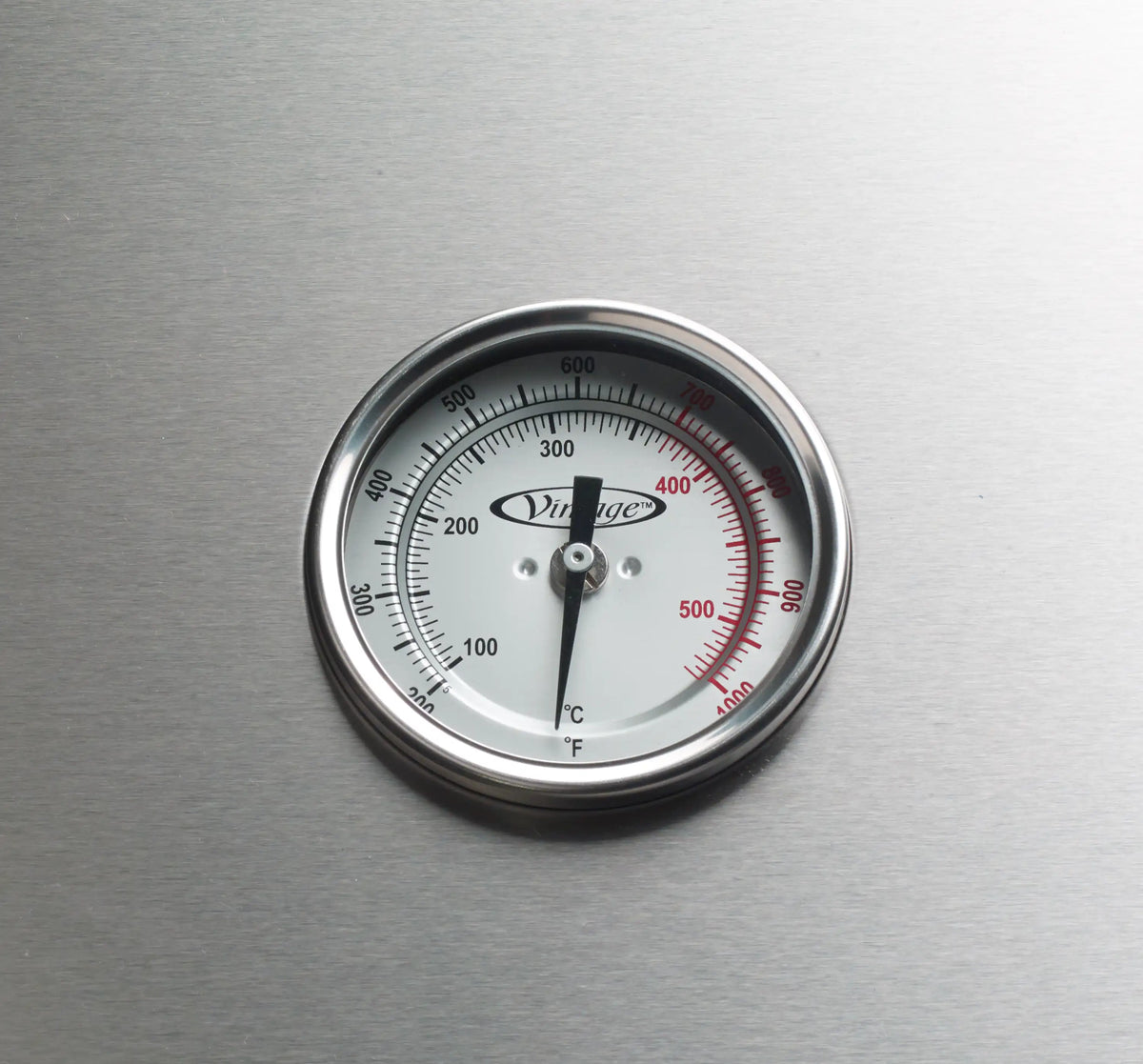 Stainless steel grill temperature gauge with Fahrenheit and Celsius markings