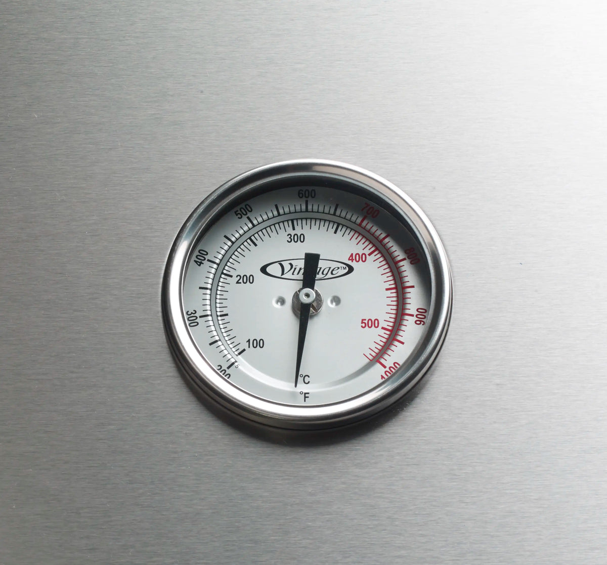Stainless grill temperature gauge with Fahrenheit and Celsius scale