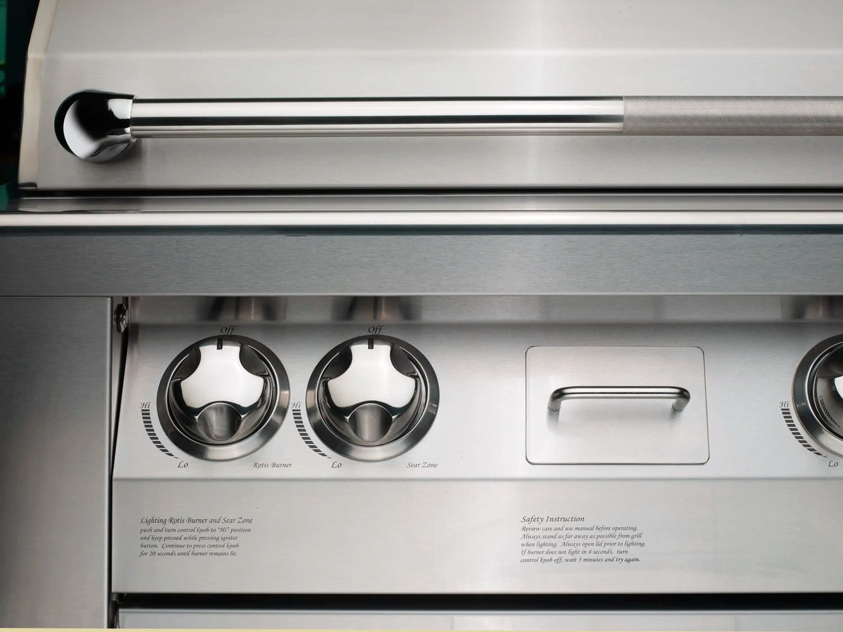 Stainless grill control panel with two round burner knobs and labels