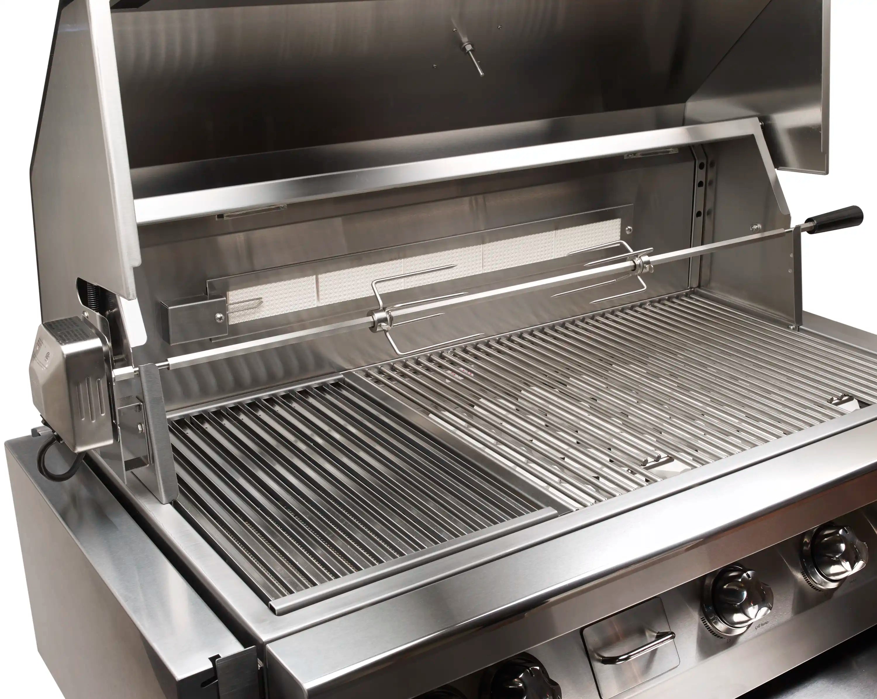 Stainless gas grill with open lid, warming rack, and main cooking grates