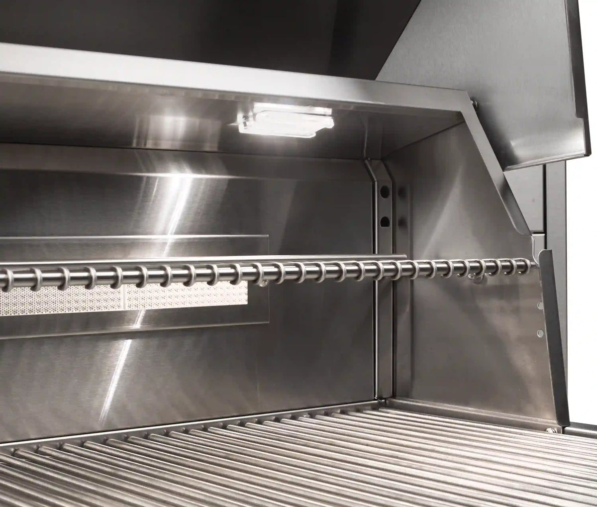Stainless steel gas grill firebox with tube burners and cooking grates