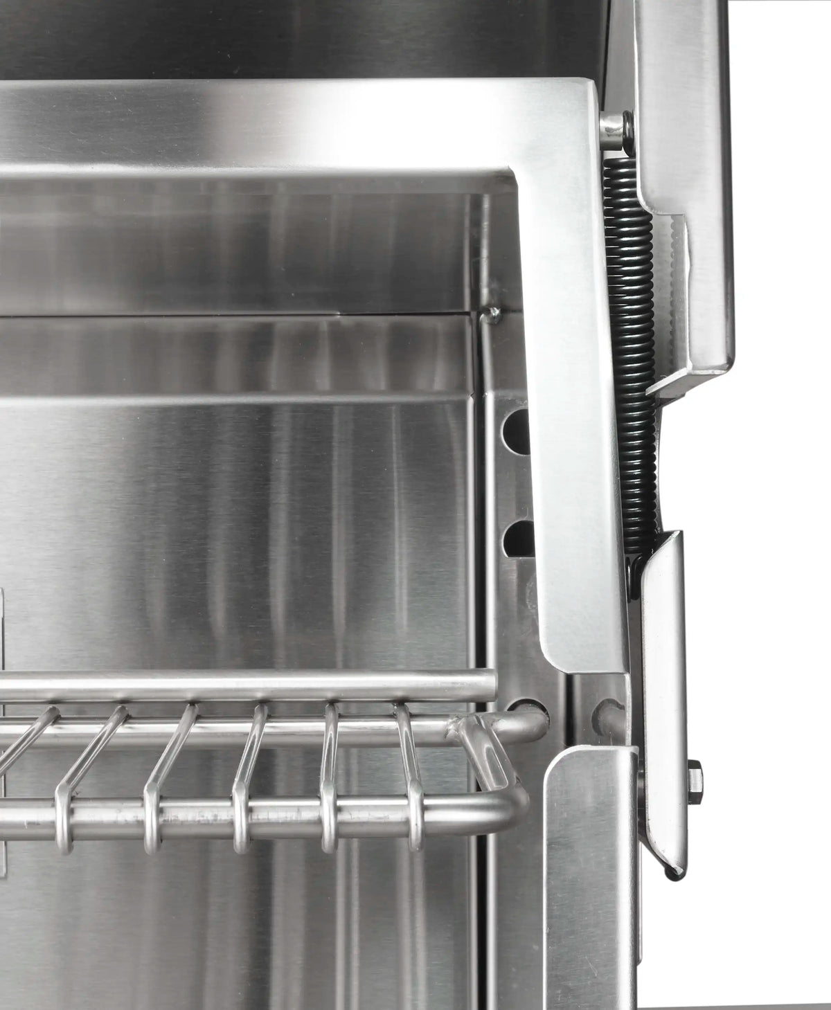 Stainless side panel with burner components and a hinged access bracket