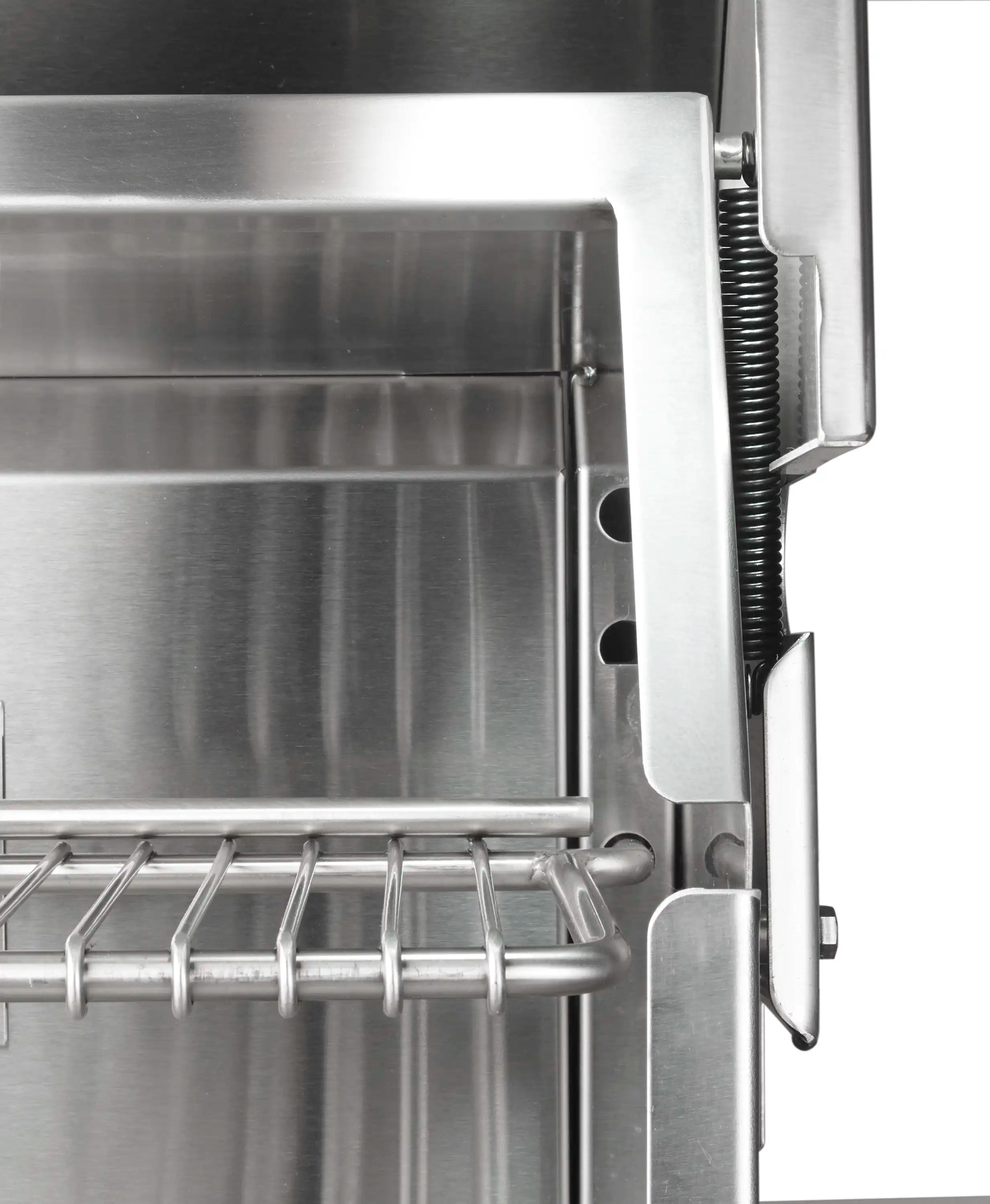 Stainless gas grill side mechanism with spring and vent-style opening