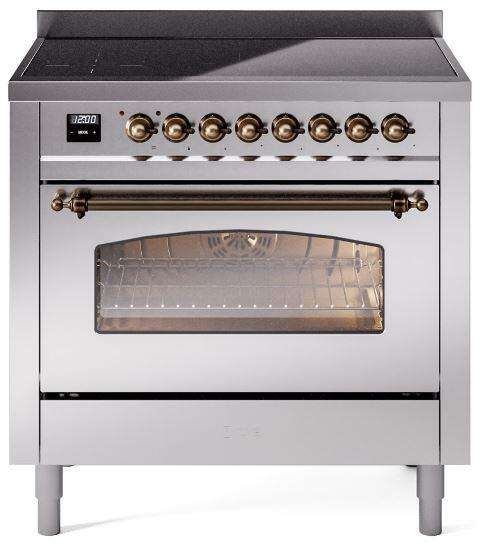 Freestanding electric induction range front view with glass door window and bronze trim