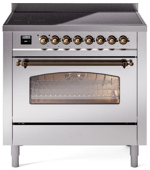 ILVE Nostalgie II 36-Inch Freestanding Electric Induction Range in Stainless Steel with Bronze Trim (UPI366NMPSSB)