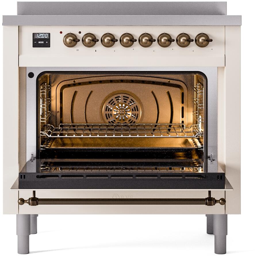Freestanding electric induction range with oven door open, showing racks and heating element