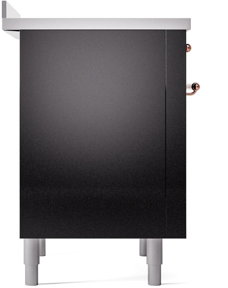 Freestanding electric induction range, glossy black side panel with copper knob.