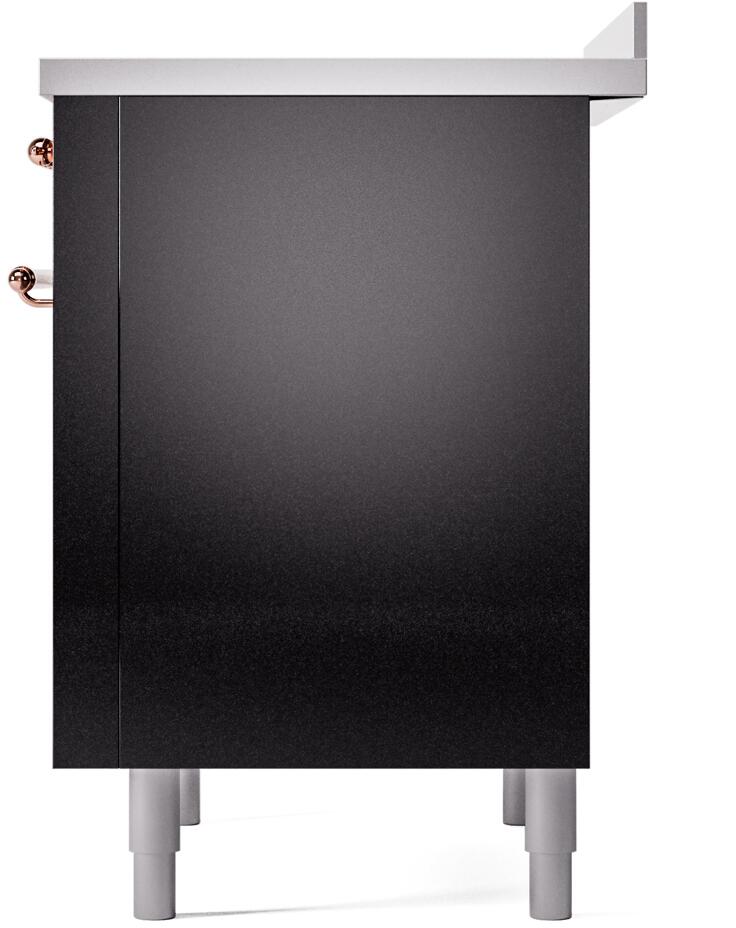 Freestanding electric induction range, glossy black with copper trim, front view.