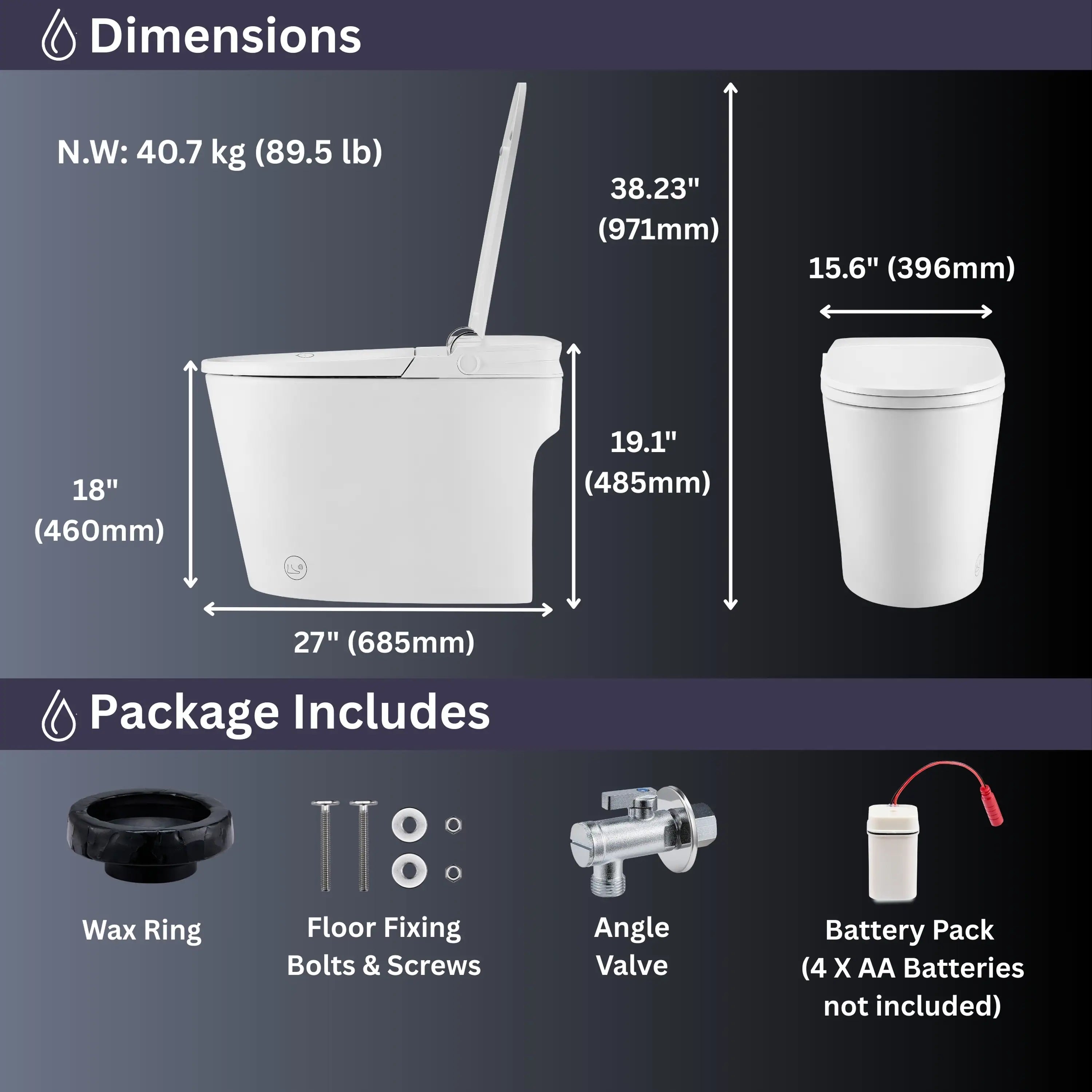 Smart toilet dimensions graphic with package includes icons, white toilet