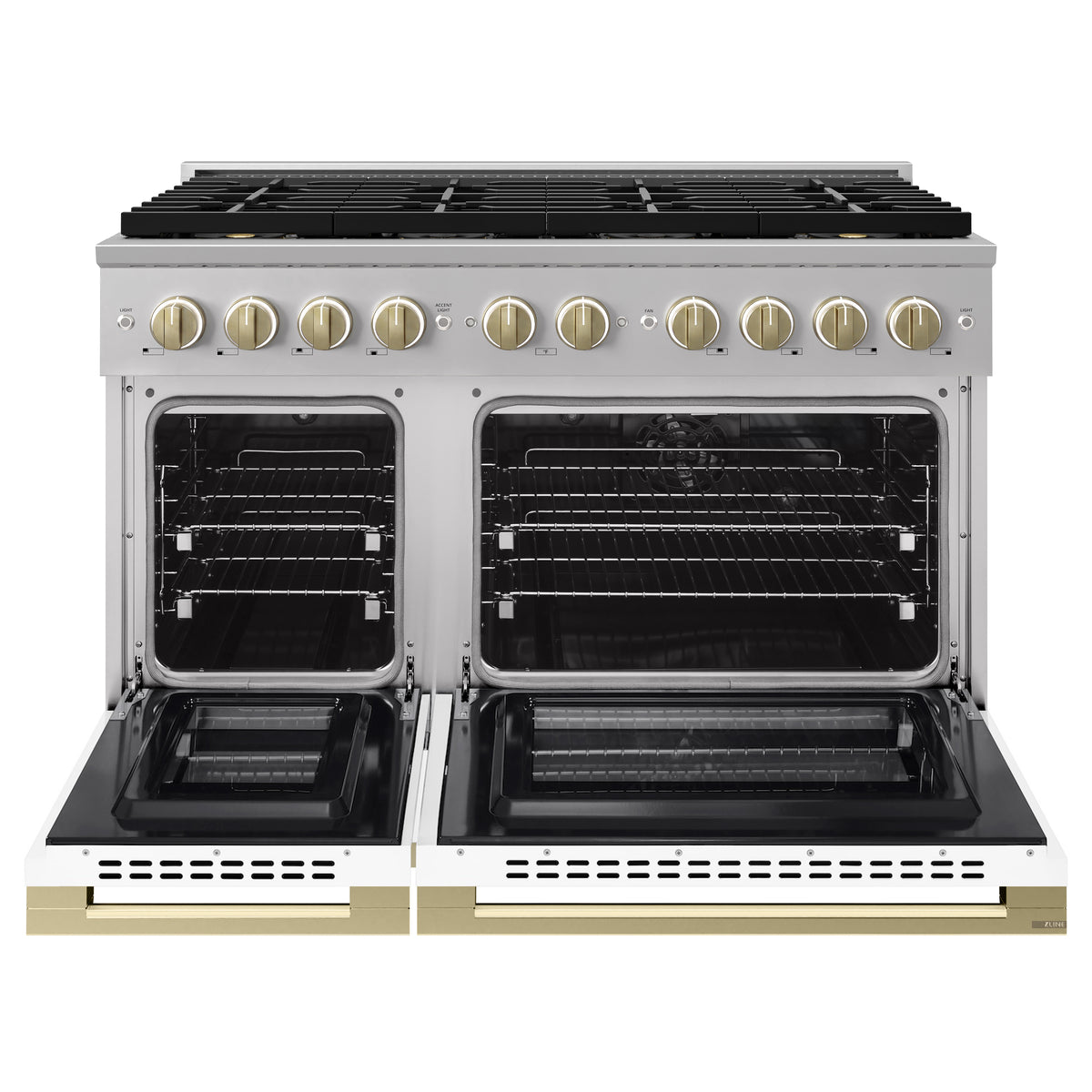 ZLINE Autograph 48-Inch Marino Dual Fuel Range with DuoPro Cooktop in Stainless Steel with White Matte and Champagne Bronze (PMDRZ-WM-48-CB) - oven doors open