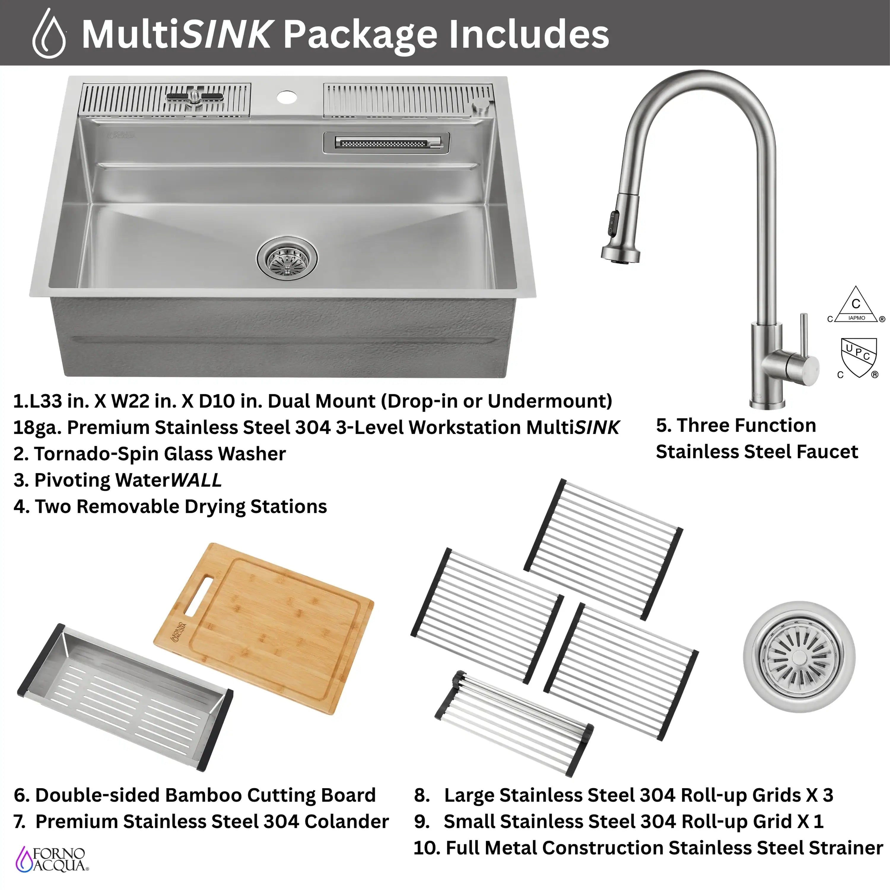Multi-sink package with stainless steel sink, faucet, and accessories included