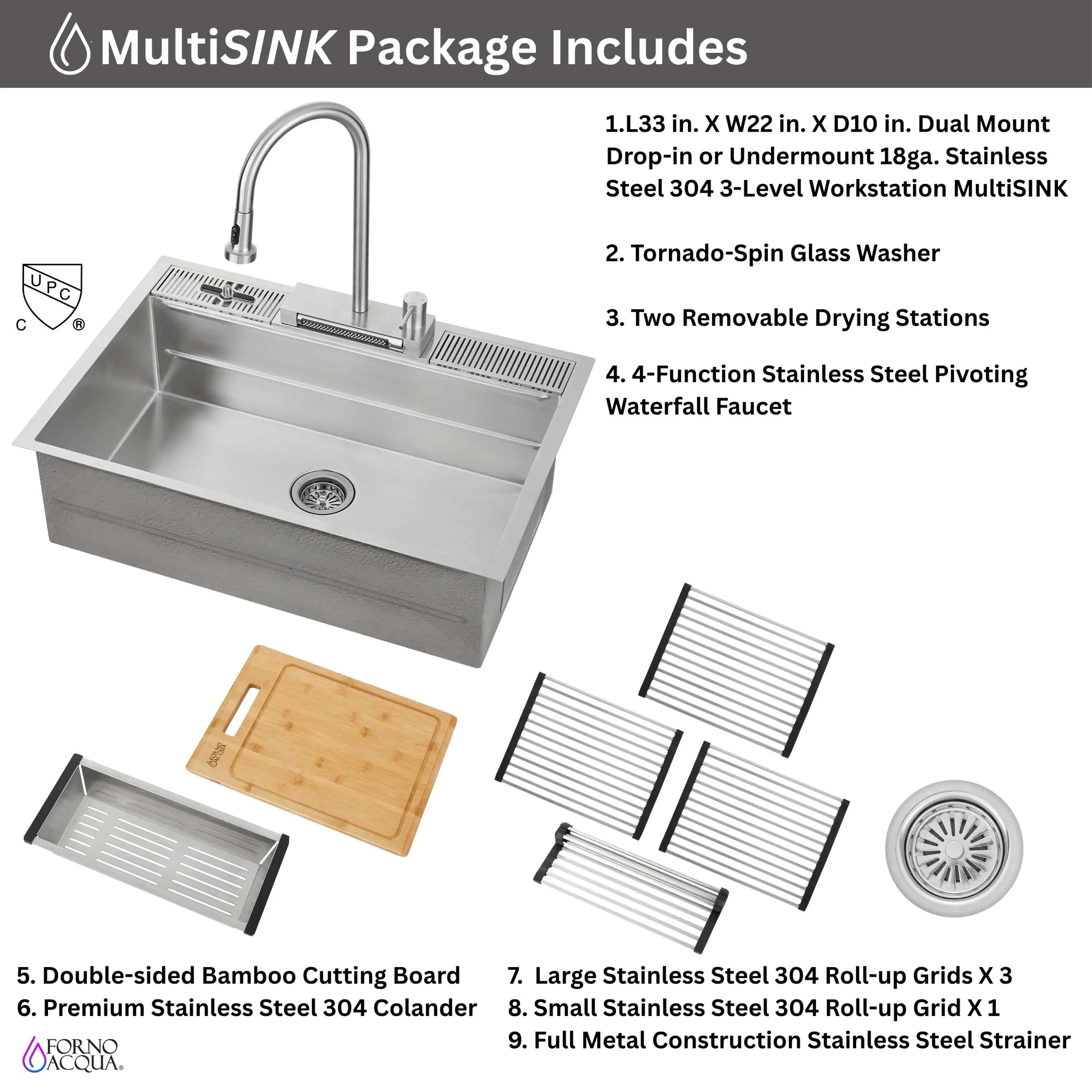 MultiSINK package includes workstation sink, glass washer, drying stations, boards, strainer