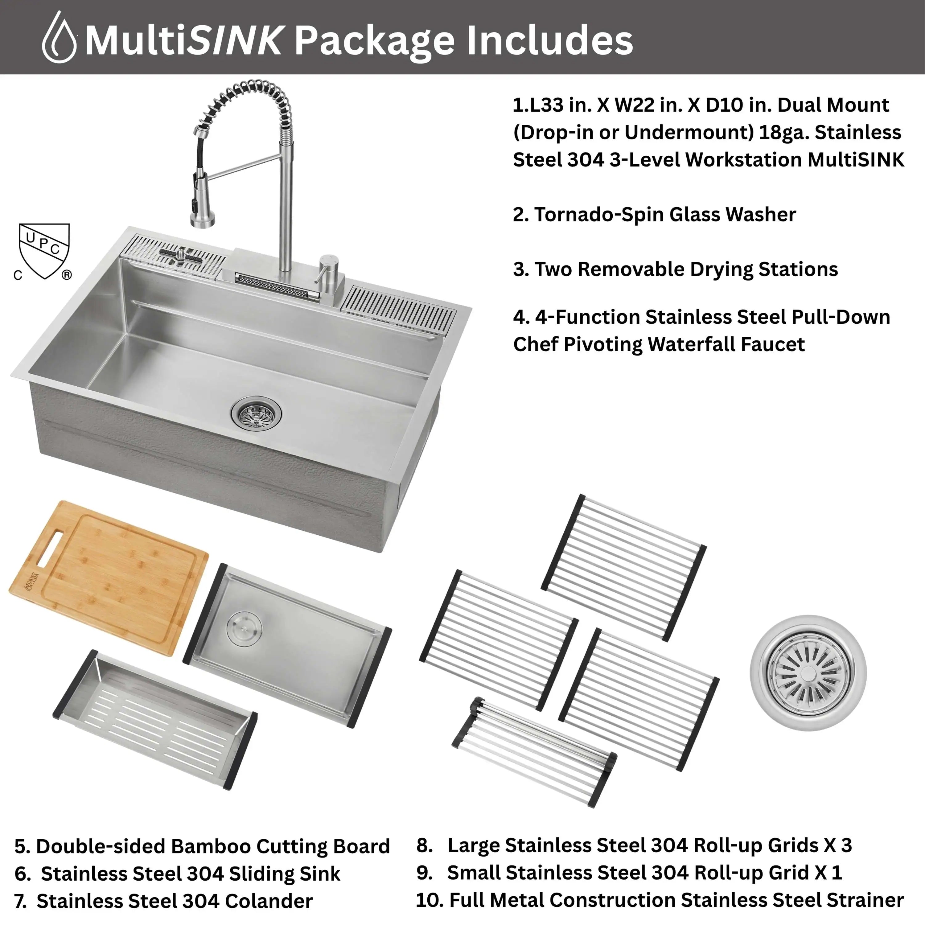 Workstation sink with waterfall faucet, drying stations, roll-up grids, cutting board