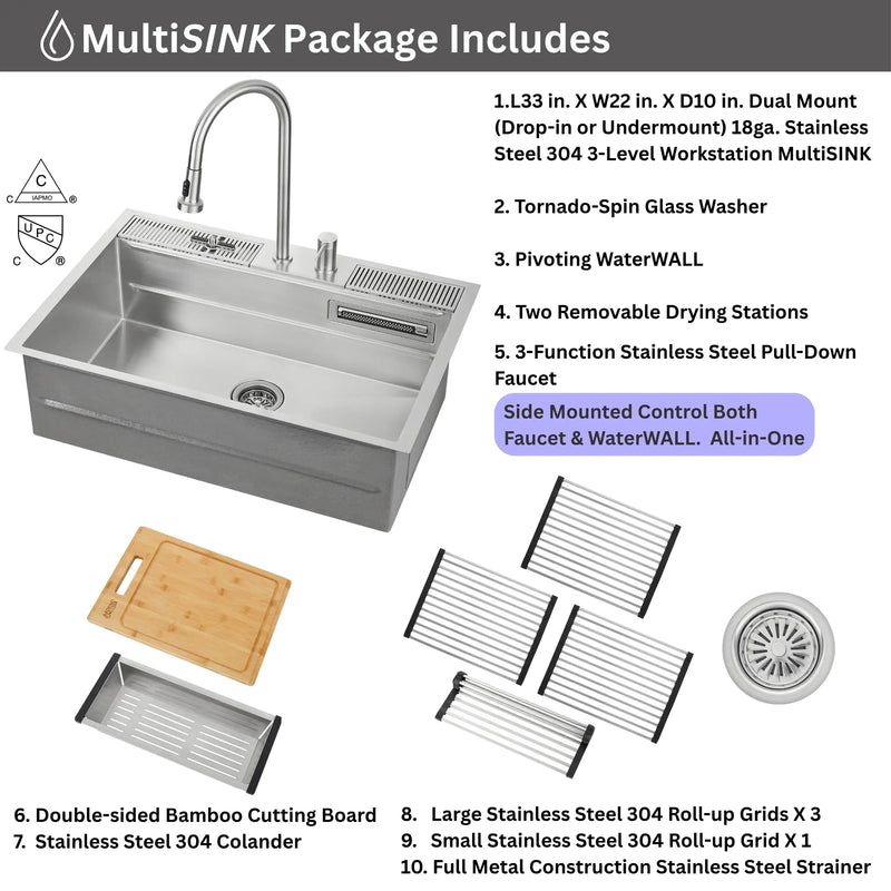 Forno Acqua 33-Inch Drop-In/Undermount 3 Level Workstation Sink with Faucet, Waterfall & Glass Rinser (E-ZP30)