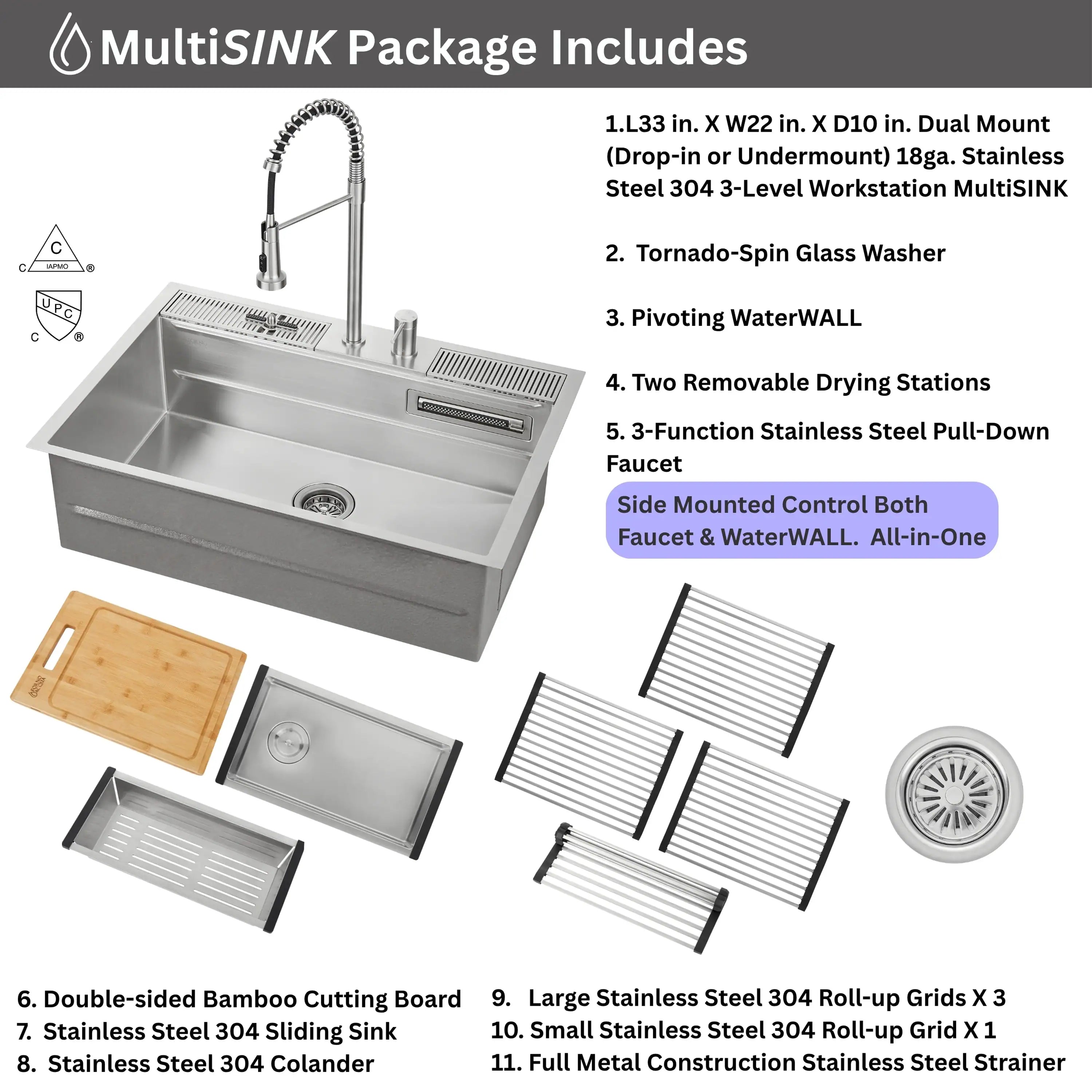 Workstation sink package includes faucet, pull-down sprayer, drying racks, and accessories