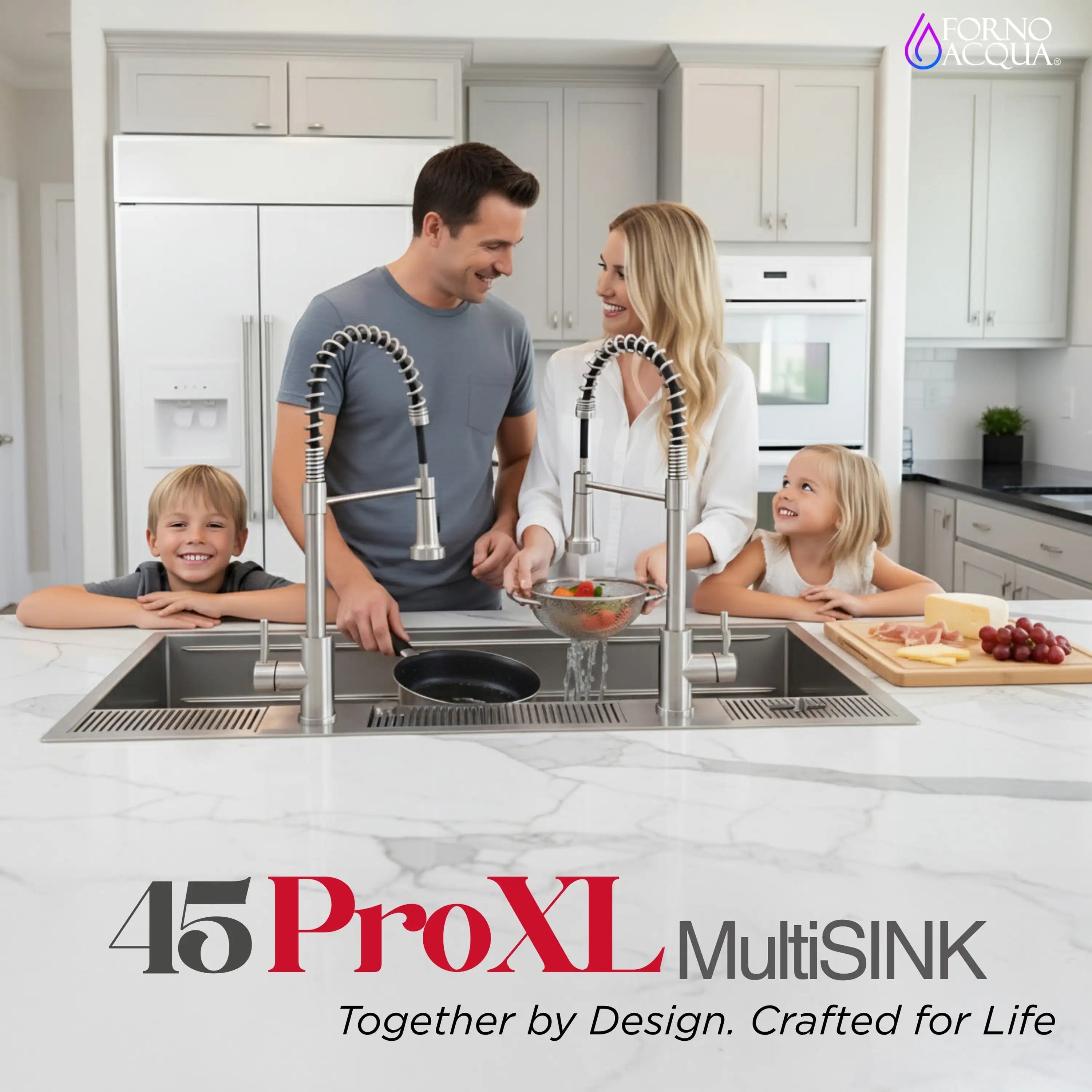 Family kitchen scene with stainless workstation sink and two pull-down faucets