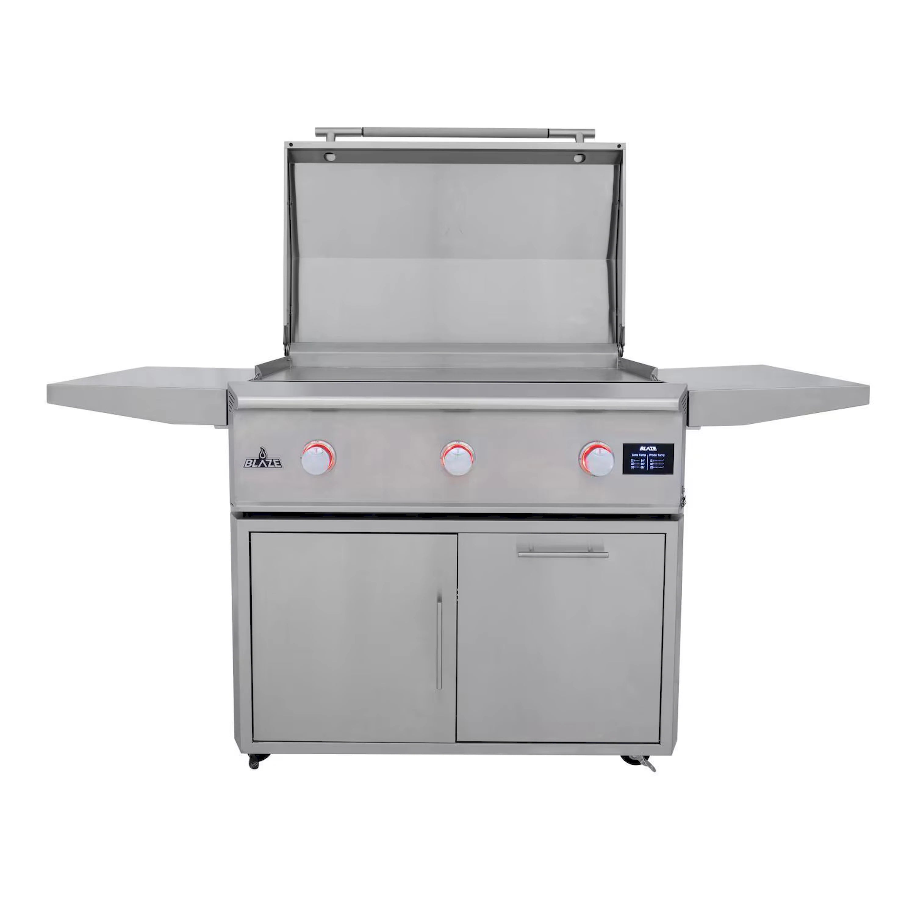 Freestanding gas griddle grill with open lid, side shelves, and control display