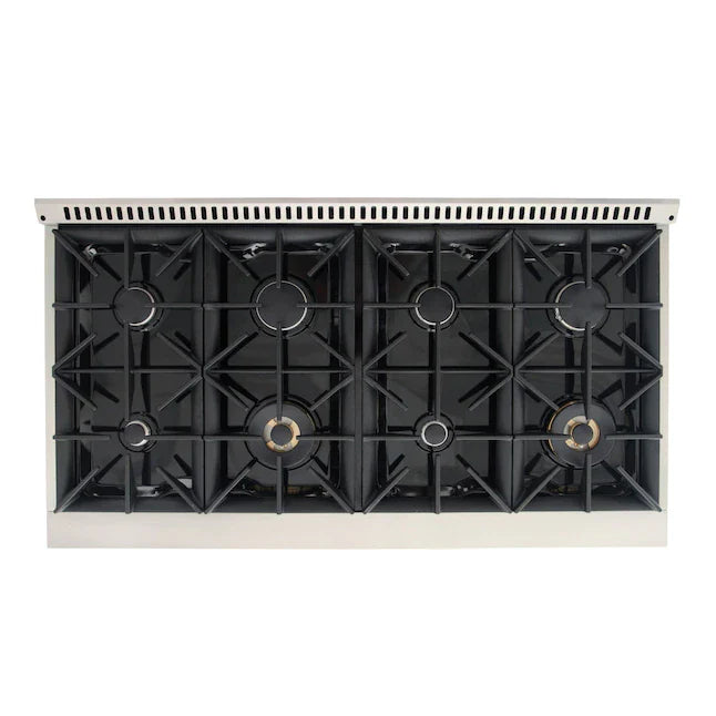 Cooktop burner grates with black cast-iron design and centered burner cap