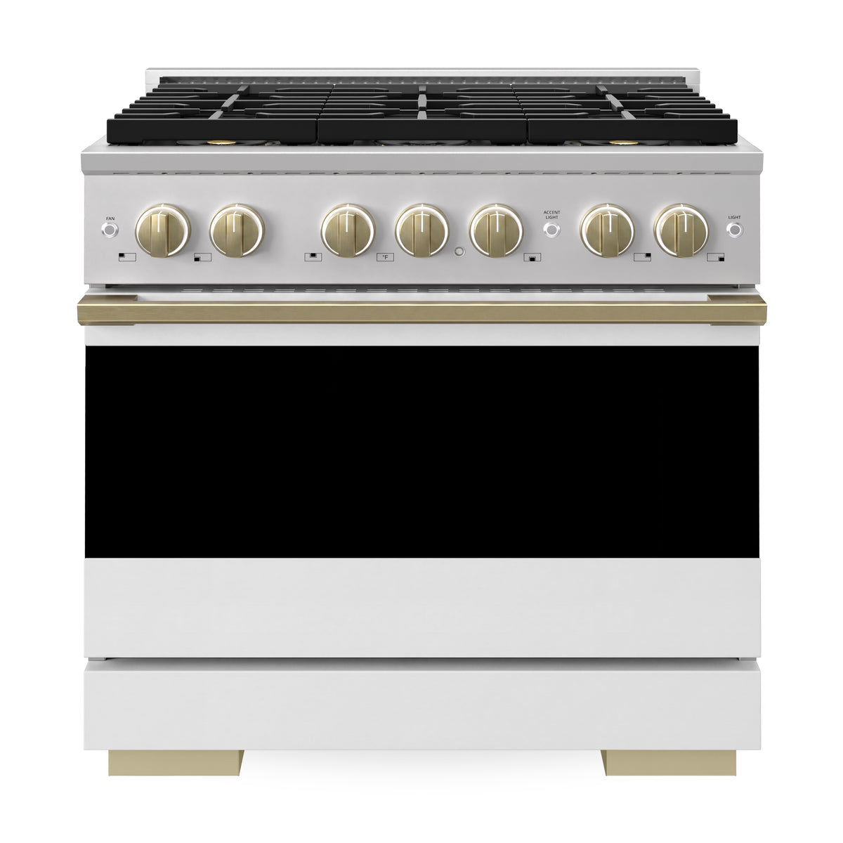 ZLINE Autograph 36-Inch Marino Dual Fuel Range with DuoPro Cooktop in Stainless Steel with White Matte and Champagne Bronze (PMDRZ-WM-36-CB) - front view on white background