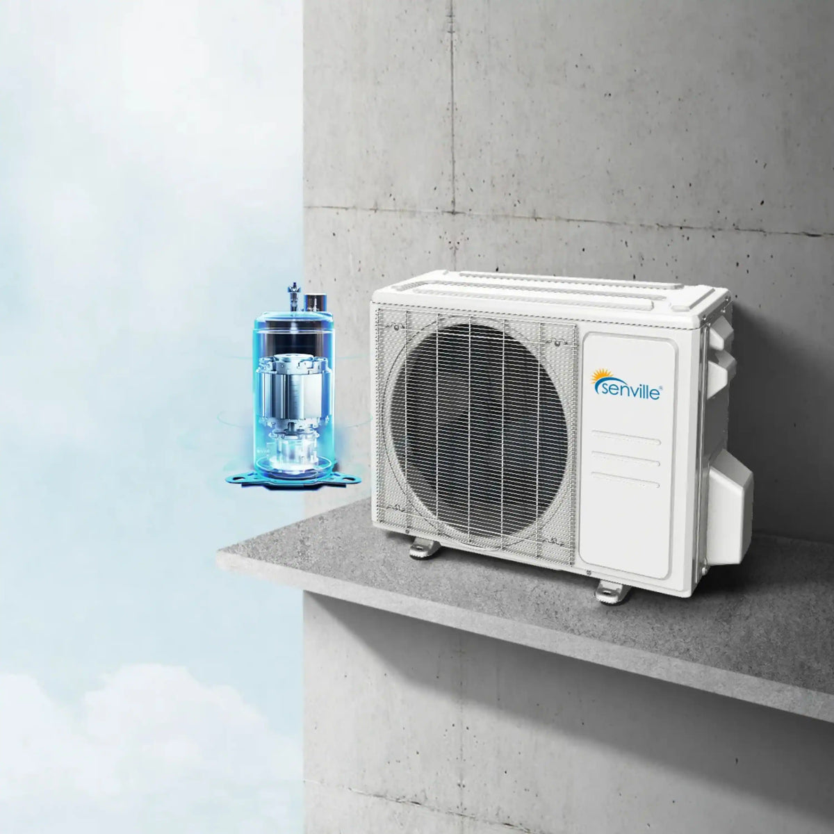 White Senville ductless mini split outdoor condenser unit with fan grille and side panels