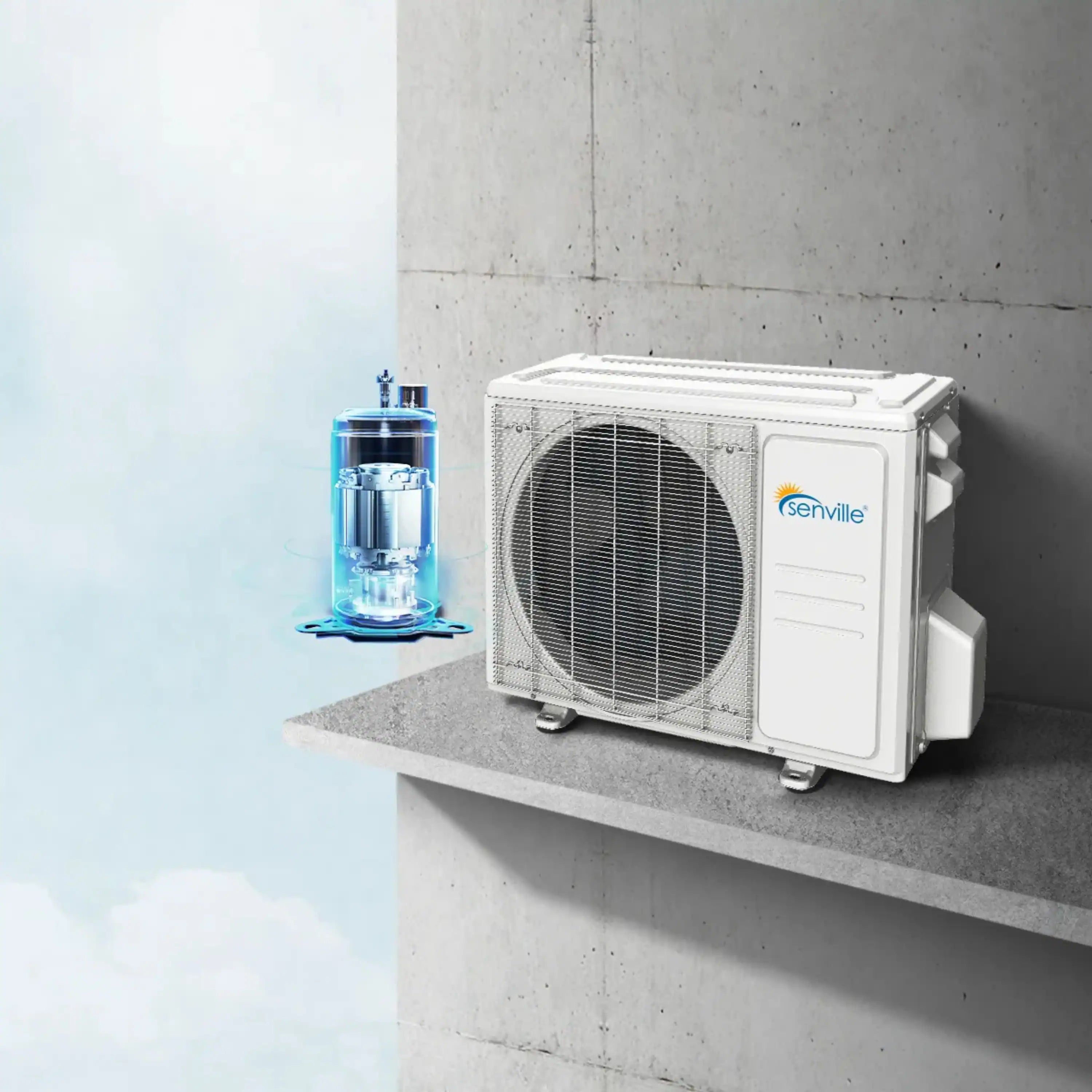 Outdoor mini split condenser with exposed coils and fan, white housing on wall