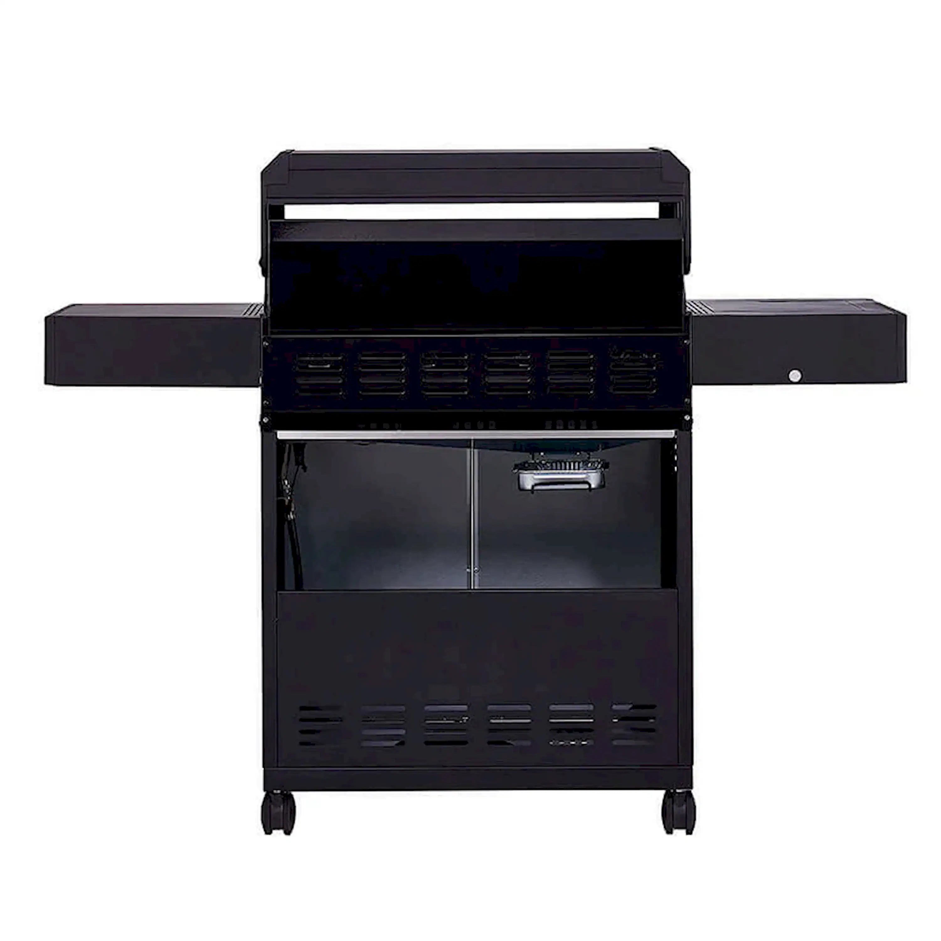 Black propane gas grill with side shelves and open front cabinet doors