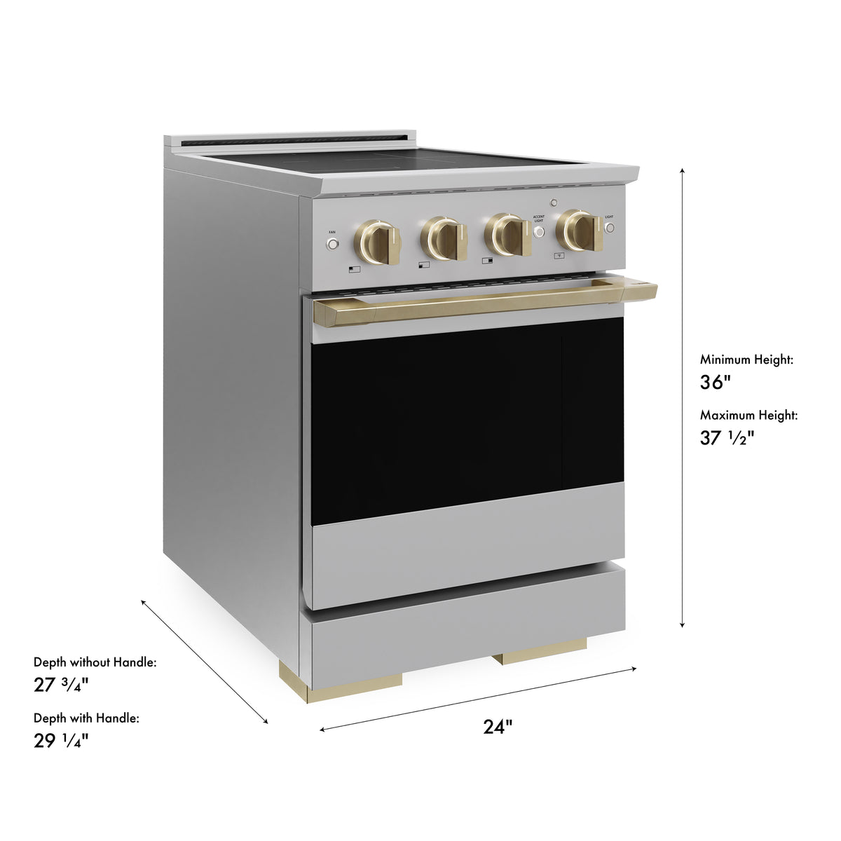 ZLINE Autograph 24-Inch Marino Induction Range in Stainless Steel with Champagne Bronze (MINRZ-24-CB) - product dimensions