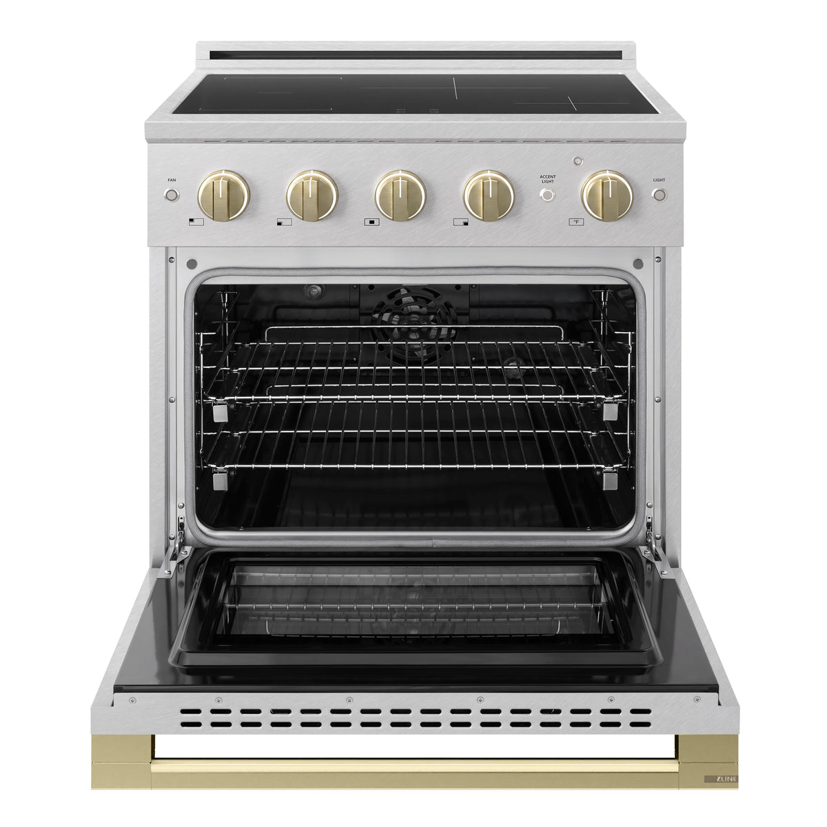 ZLINE Autograph 30-Inch Marino Induction Range in Satin Stainless Steel with Champagne Bronze (MINRSZ-30-CB) - oven door open