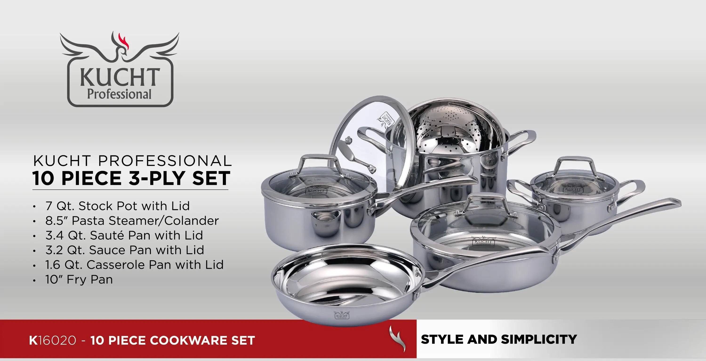Kucht 10-piece stainless steel cookware set with matching lidded pots and pans