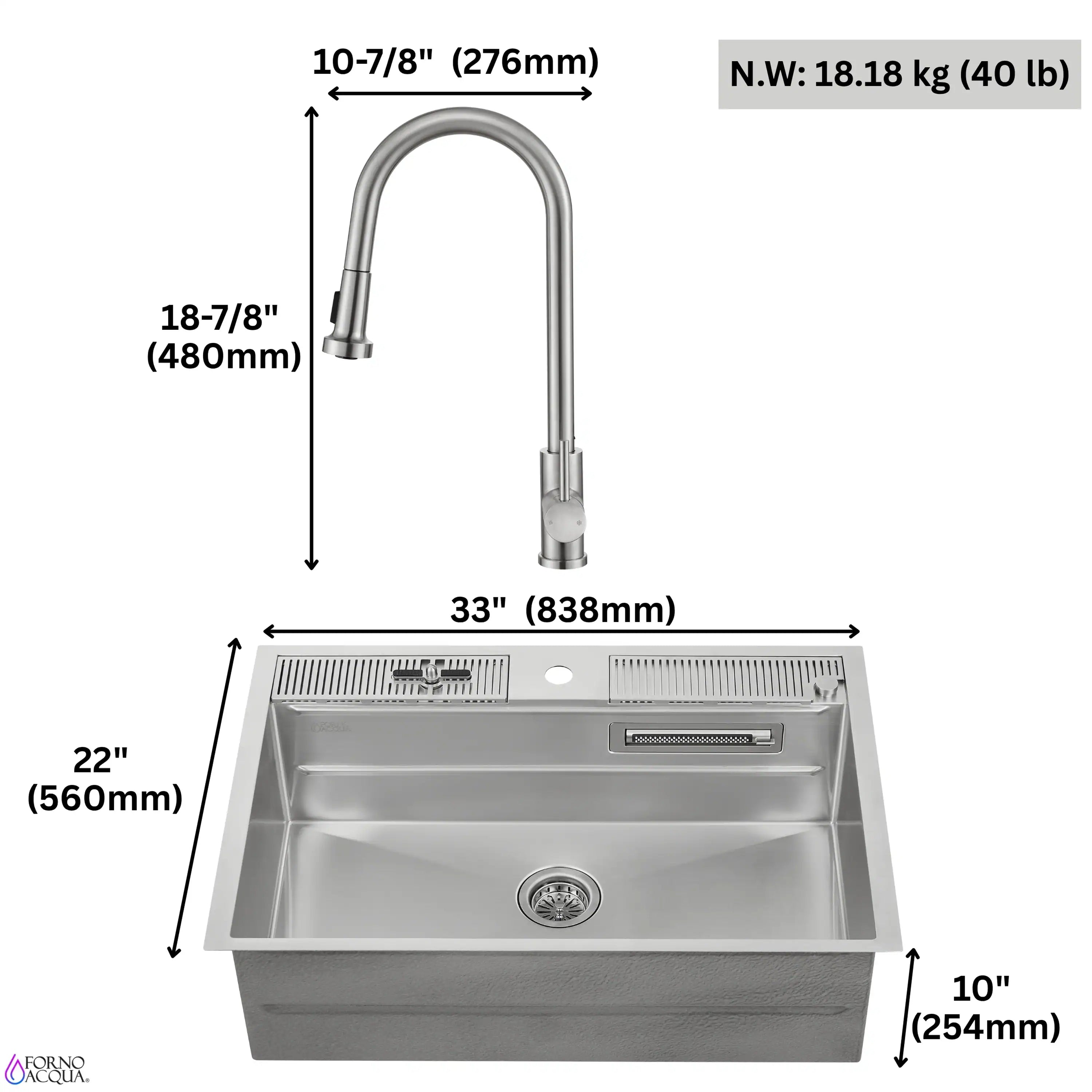 33-inch stainless steel workstation sink with drain and dimension diagram
