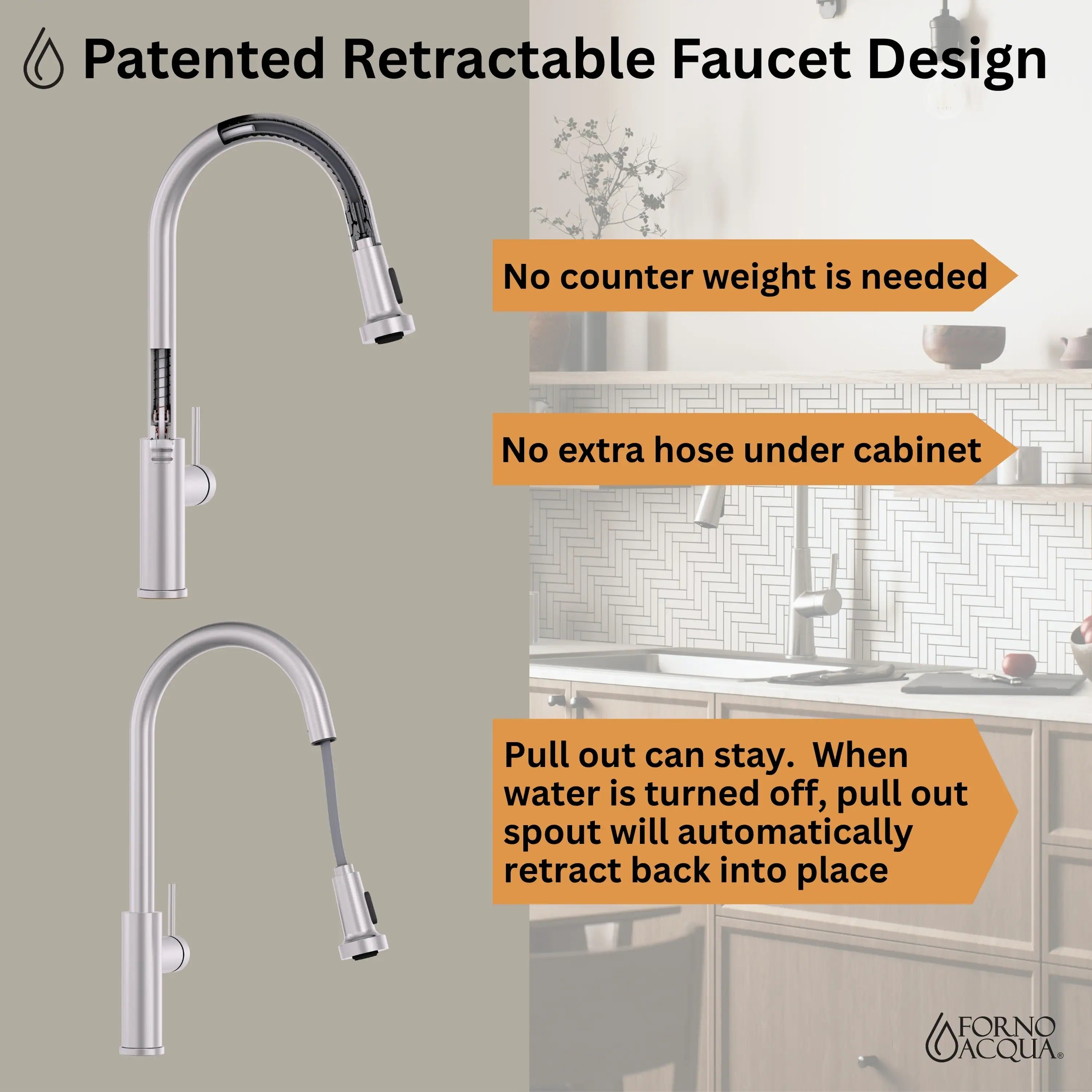 Retractable faucet design for stainless steel sink with no extra hose under cabinet
