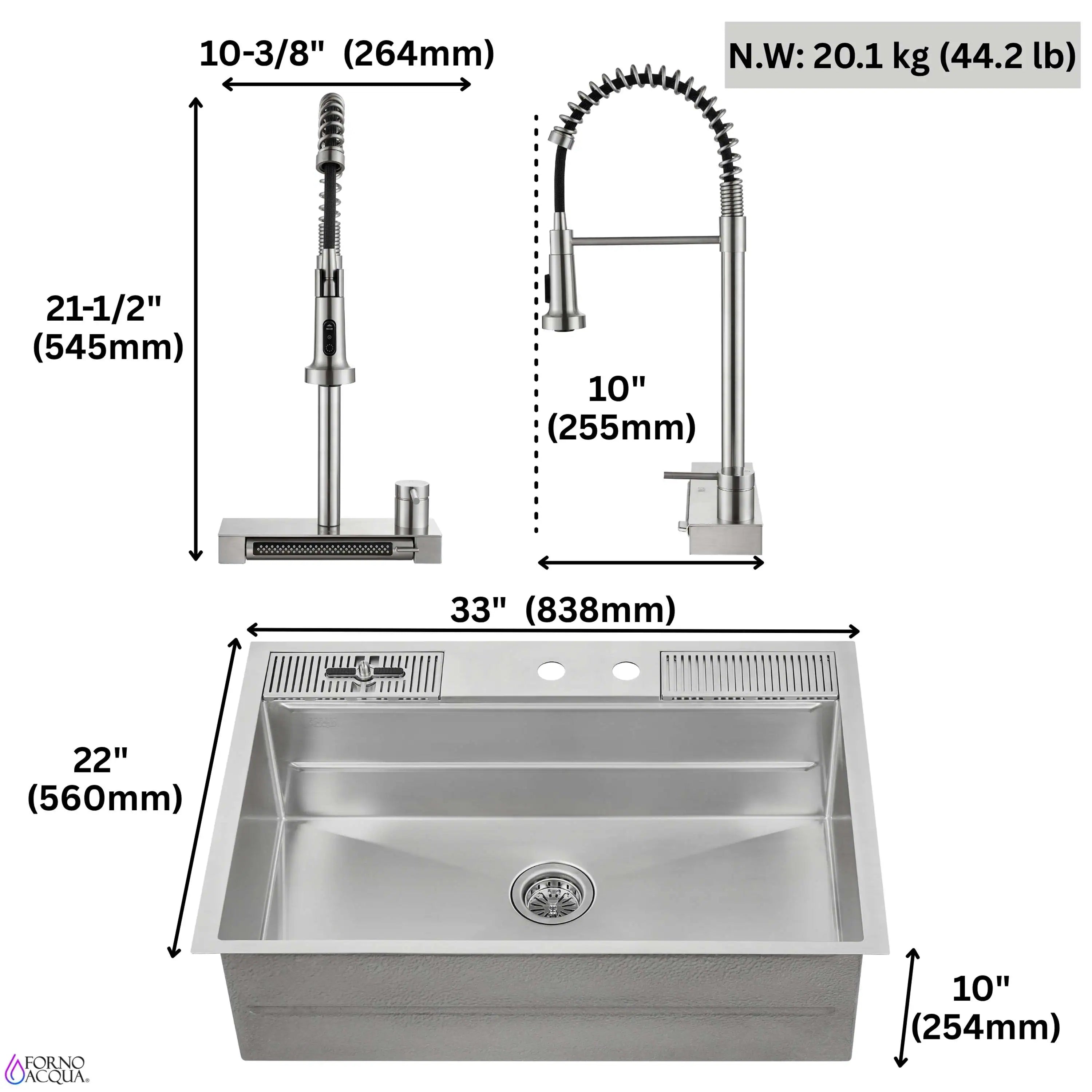 33-inch stainless workstation sink with waterfall faucet, shown with size measurements