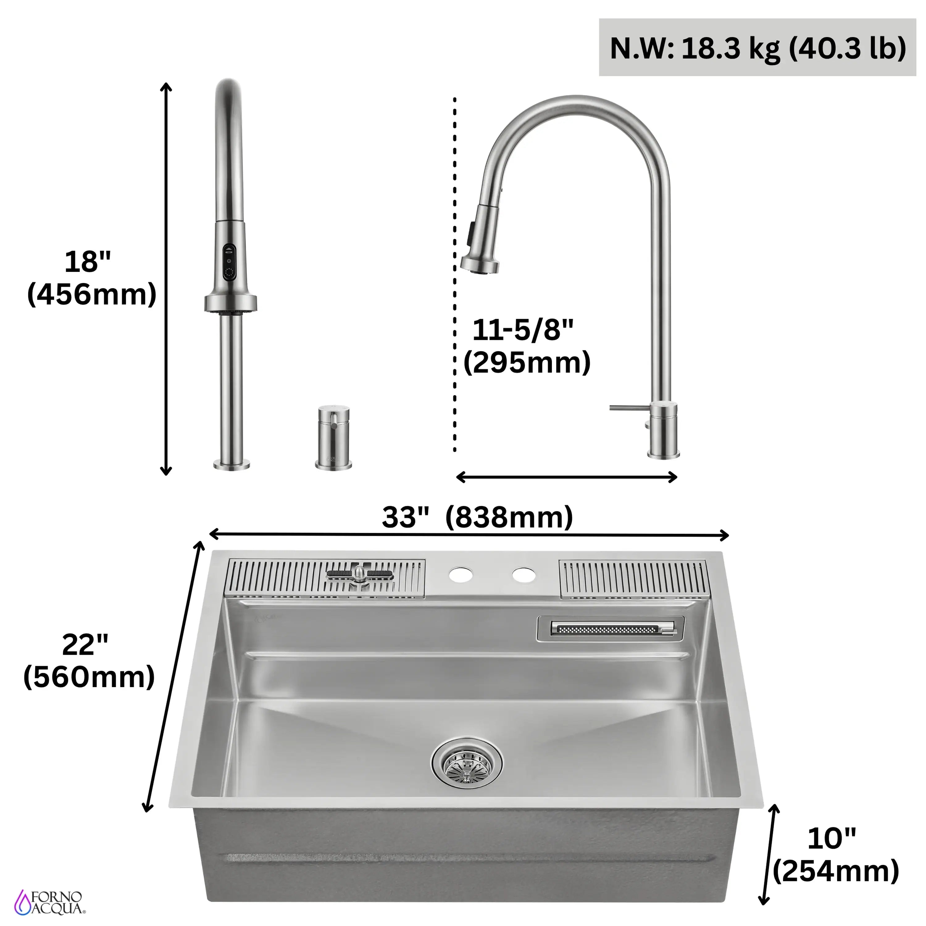 Stainless steel workstation sink with faucet shown with dimensions and weight label