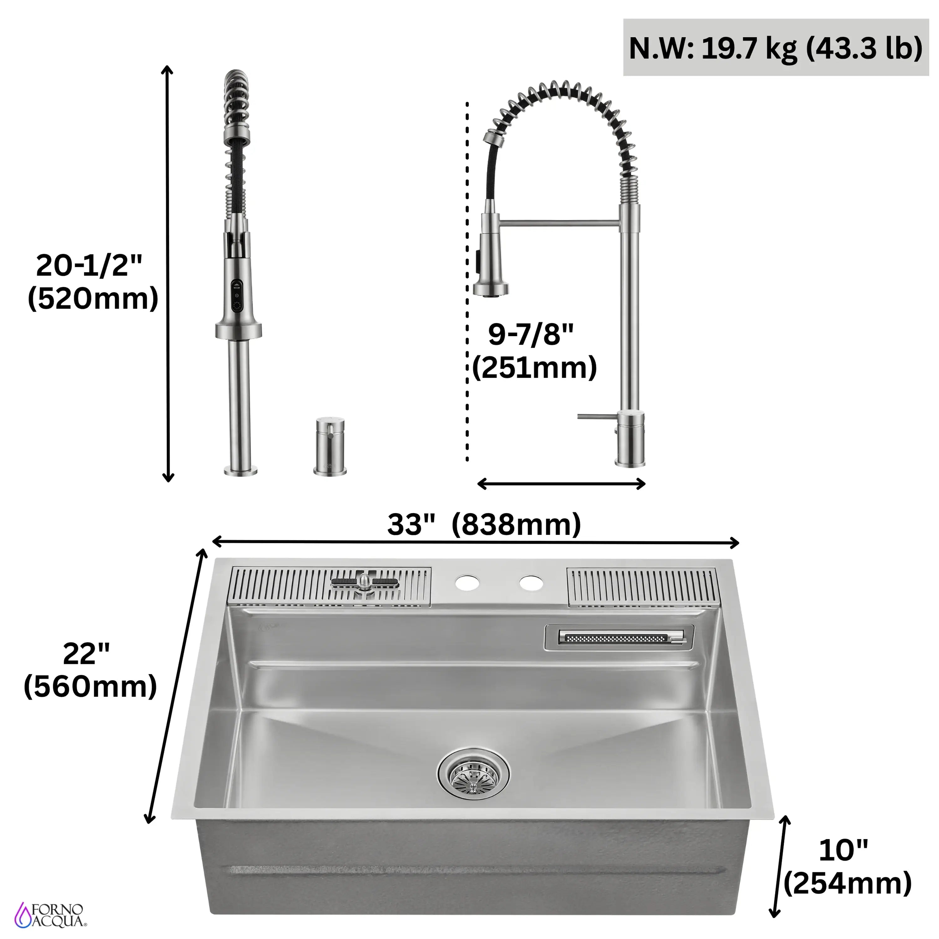 33-inch stainless steel sink with dimension guide and 3-level workstation basin layout