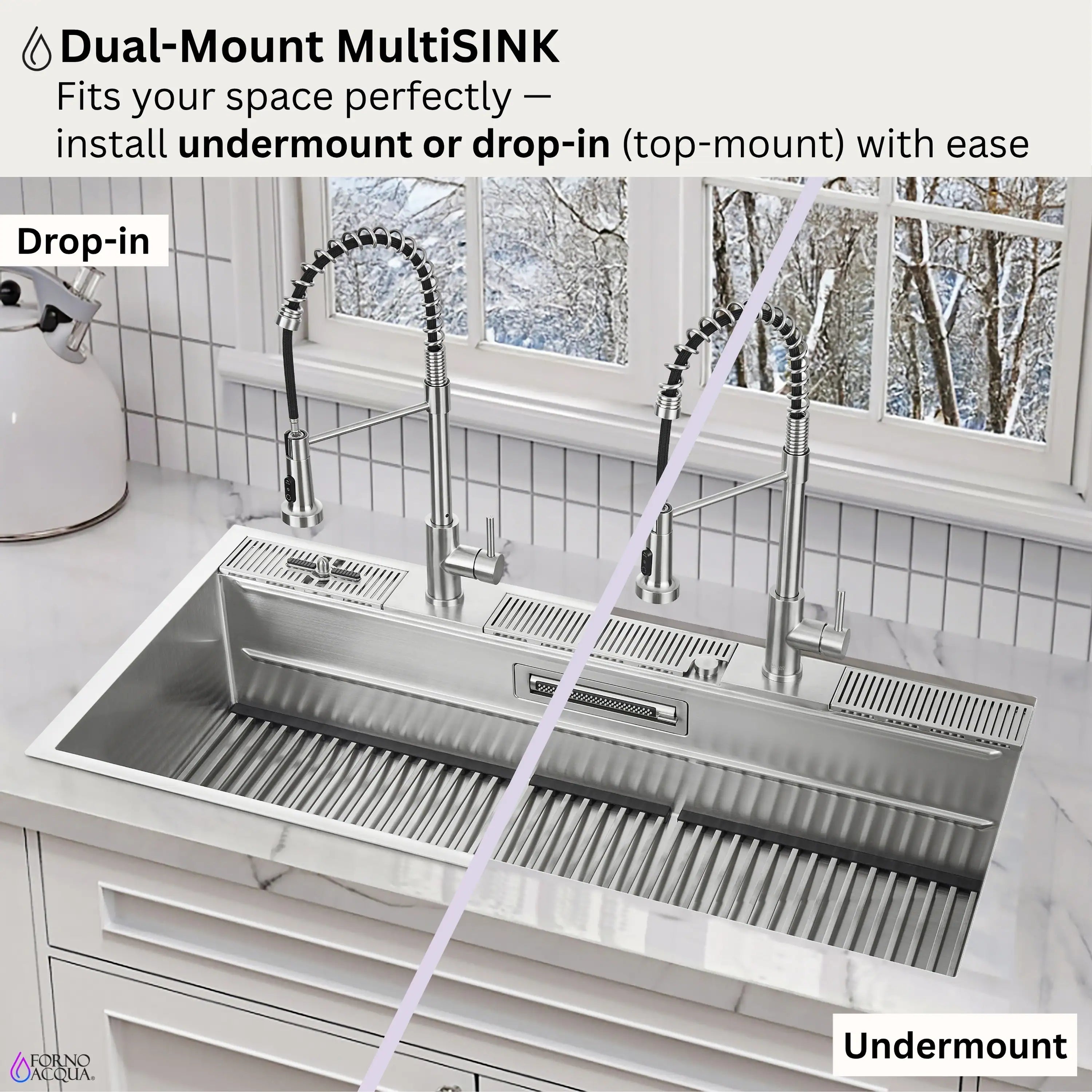 Dual-mount workstation sink showing drop-in and undermount installation options