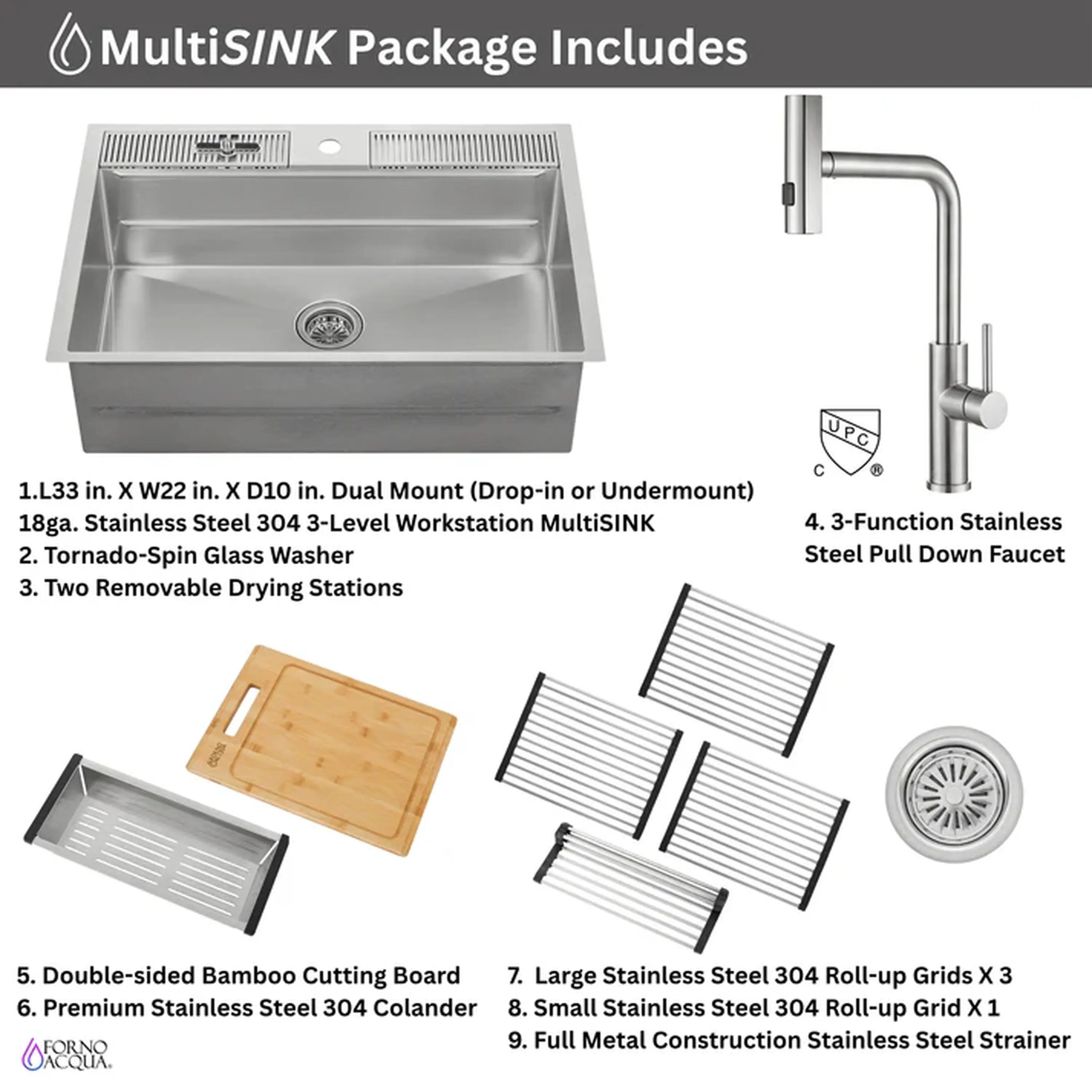 Stainless steel workstation sink with waterfall faucet and included rinse accessories